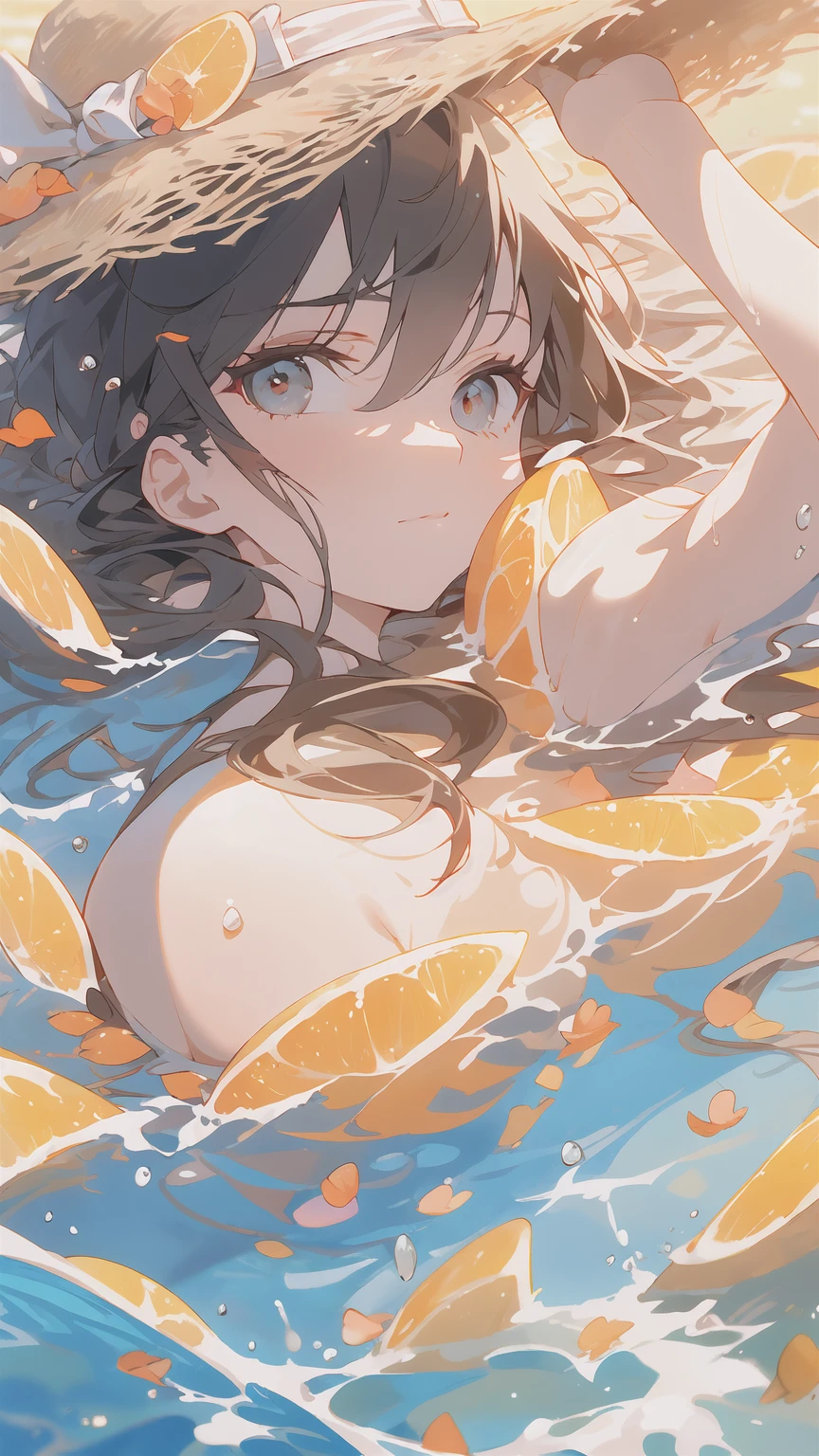 Masterpiece, Best quality, ultra detailed, 1girl, Brown hair, Brown eyes, Long hair, Underwater, airbubble, Solo, view the viewer, Swimming, Dappled sunlight, large breasts, nude, beautiful, inside of a fish tank, decorative rocks, 2 skulls, a sunflower, low light, contrasting colors, 
