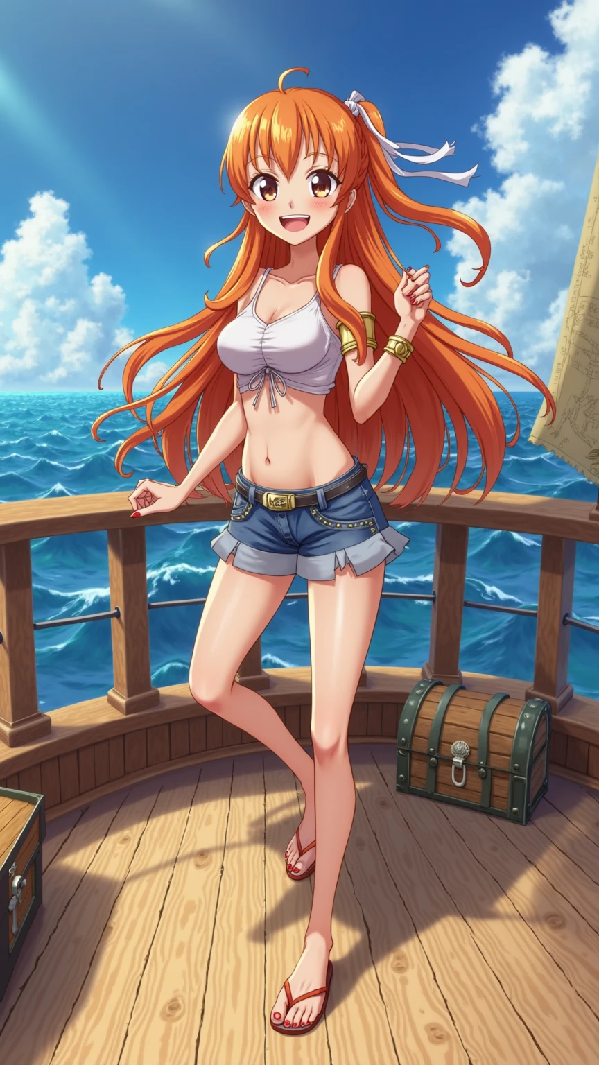 A cute tall girl with long orange hair, Brown eyes, a funny smirk, she has a White and Aqua bikini, with long tight jeans and Brown sandals, she's on a pirate ship, full body pic