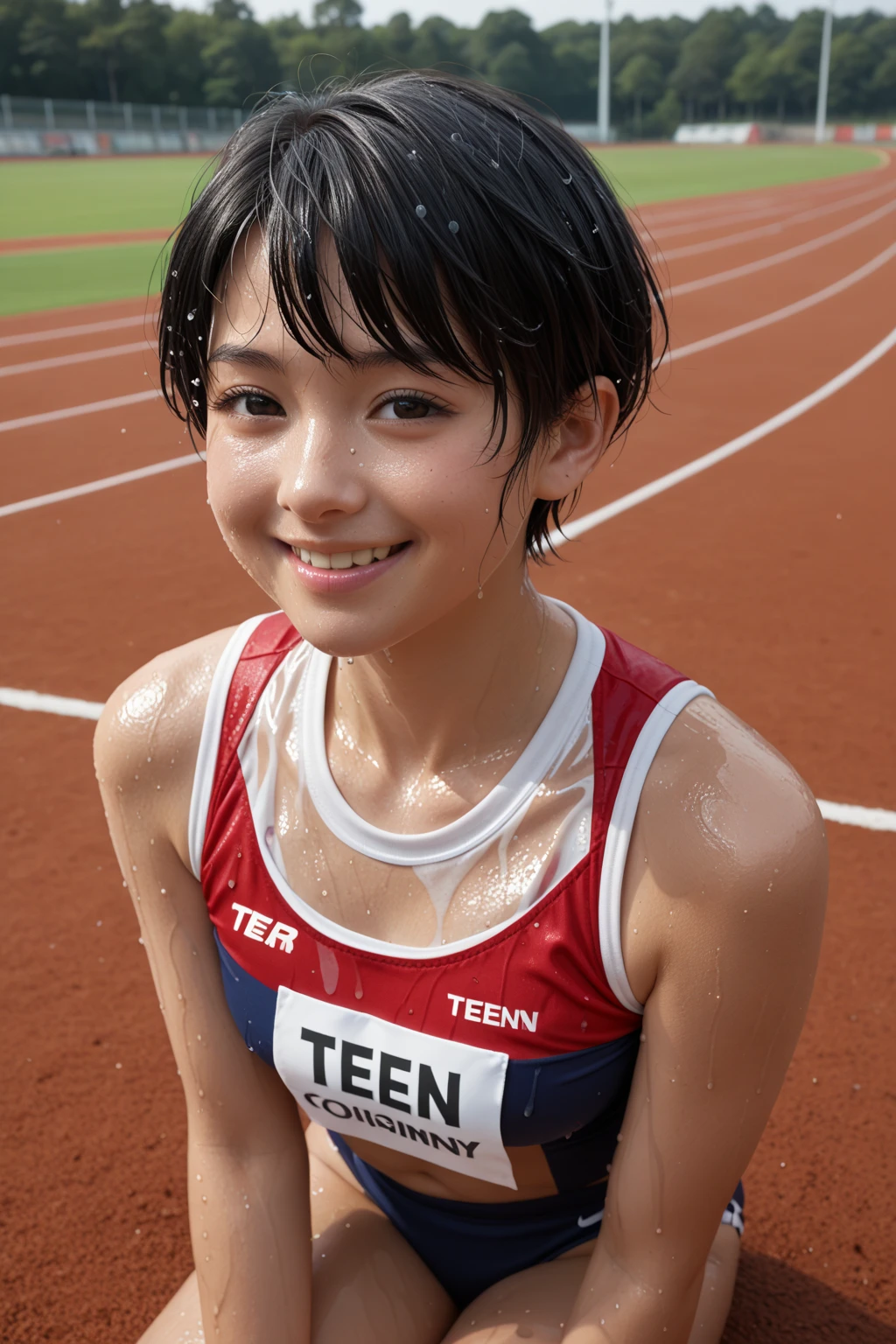 ((((whole body 1.4)))),1 girl, masterpiece,best image quality,13 years,  smile, beautiful eyes, perfect eyes, beautiful lips, perfect lips, short hair,  uniforms of track and field athletes,Moriman,perfect face, Angelic,Idol, super realism,surreal, Japanese girl film grain, Gym,perfect hands,perfect feet,
