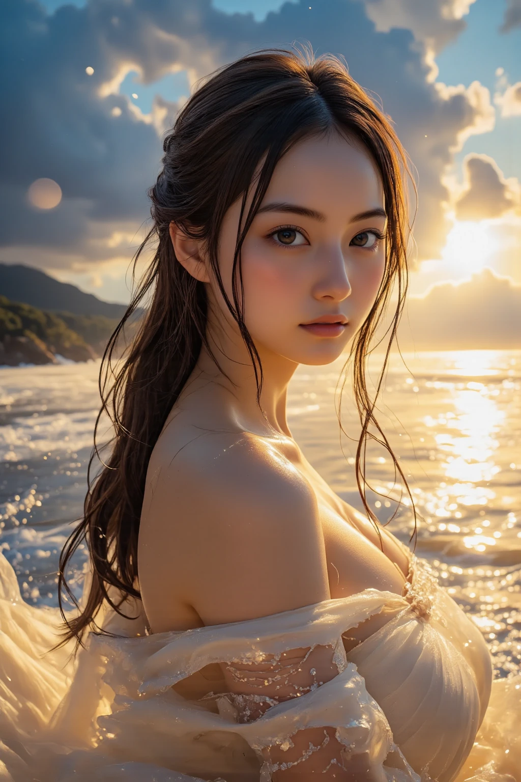 (8ก, 最high quality: 1.2), Very detailed, Complete solution, (Realistic, Realistic photo: 1.37), Portraiture, High resolution RAW color photograph, Professionally arrested, High resolution and beautiful, High resolution, 8ก Image Wallpaper, Amazing details, Large file size, Very detailed美しい, Very detailed face, (Super beautiful, well-defined eyes:1.8), The nose is precisely shaped., expressive lips,(sunset,Big House, Seaside restaurant background:1.2) , One Story, cute, Realistic、                                                                                 (Movie Scenes,Fantasy art,最high quality,high quality,High resolution,high qualityの質感,Attention to detail,Beautiful details,Fine details,Very detailedCG,Detailed Texture,Realistic representation of face,Tabletop,before,dynamic,bold),1 Girl,Very detailed肌,curve,(Covered :0.8),Beautiful breasts,Small breasts,Pale skin,Pointed Chest,Erect nipples,(Very fine hairs),(Very soft hair),(Super Straight Hair),Long, slicked bangs,Very light coppery amber hair,Hair on one eye,Very lean body,Smart Abs,(Sexy school teacher costume:1.5),