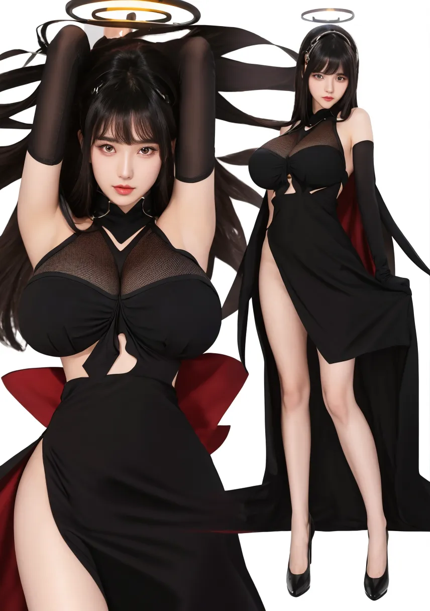 goth woman, cute, Asian, medium breasts, brown eyes, slim eyebrows, long black hair, bangs, black makeup, dark purple dress, smiling, Korean heart sign, blue star pattern