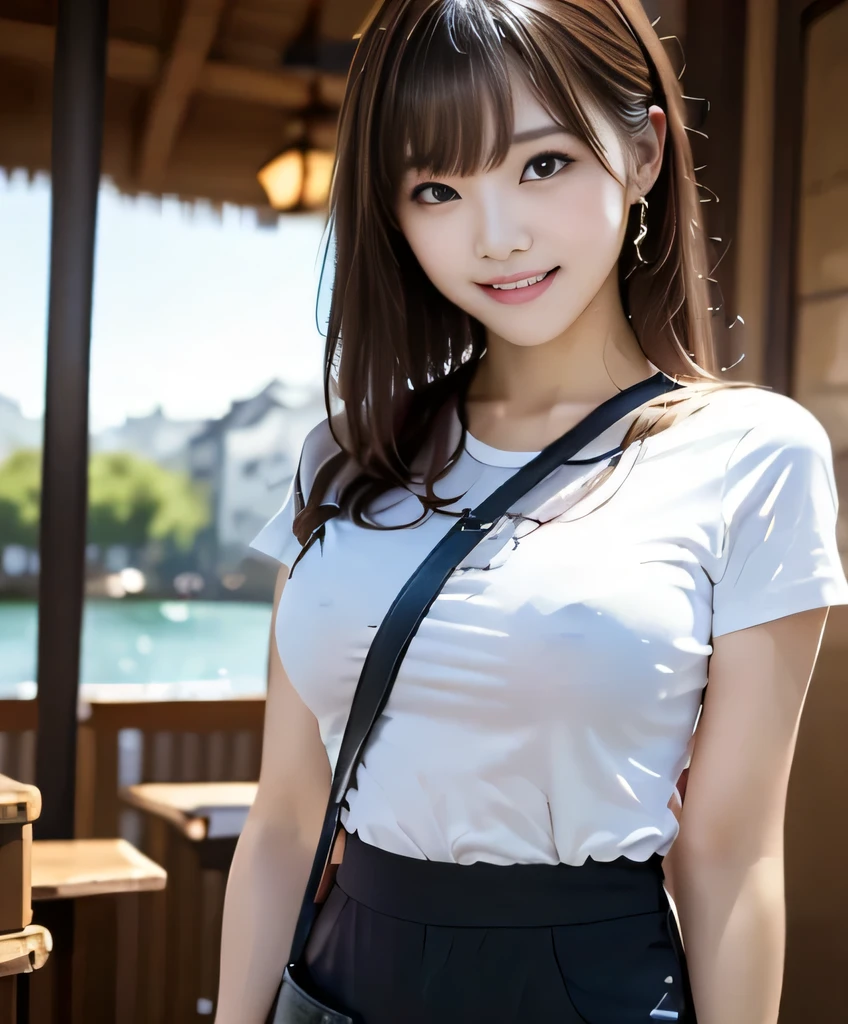 seed;88117315,((Full Body Angle))、((Front hair:1.3))、((Highest quality, 8K, masterpiece: 1.3)), concentrated: 1.2, Cute girl 1,Nipples erect、 Perfect beauty: 1.4,Cut and sewn T-shirt Raglan sleeve summer short sleeve T-shirt.Shorts: 1.2,Long sleeve、Randall Color、comics＆Text Graphics、Black ruffle-trimmed drawstring zip blouse,1.1, Highly detailed face and skin textures, Fine grain, double eyelid, whitening skin, ,Highest quality,Ultra-high resolution,you,1 girl,alone,_Shiny_skin,Iris,necklace,((brown_length_Wavy_hair)),(lips)),eyelash,Front hair,deal with,compensate,Shiny,pore,skin,Large Breasts、((smiling face))、Riverside Walk、walk、
