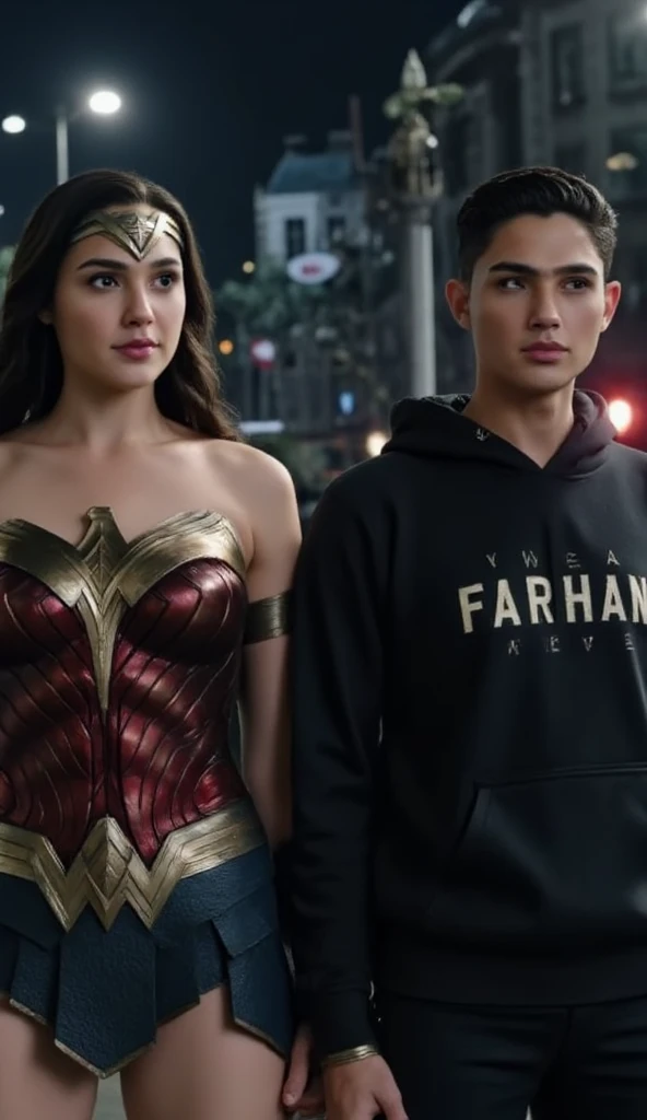 Create an image of a 17-year-old boy and an 18-year-old girl who are sad triumphantly as they end a war. The scene is set with a camera angle from the front, capturing the pair against a dramatic backdrop of a large fire and thick smoke. The boy, with a muscular physique, is dressed in only black jeans. The girl is adorned in a striking, intricately designed armor made of diamond, iron, and gold. Both characters exude a sense of victory and relief. The surrounding environment should convey the chaos of battle being subdued, with a clear focus on their expressions and their contrasting attire. Boy have big muscles, Good physics of boy, boy chest muscle on dust,