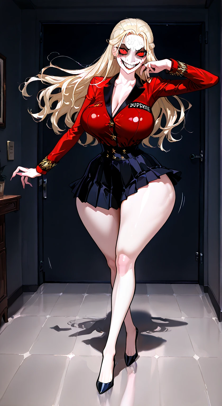 In the style of Frank Cho, Full body, 20 year old - Cany Barbi, Sexy busty bimbo, seductive, red lips, stylish blonde hair, glowing skin, makeup , ((black latex top, plaid skirt, skintight)), ((perfect smooth skin, enormous fake biggest breasts:3.2 tight cleavage:2, tiny waist, toned legs)), (photorealistic, photo, masterpiece, realistic, realism, photorealism, high contrast, realistic skin texture, best quality, ultra high res, sexy pose