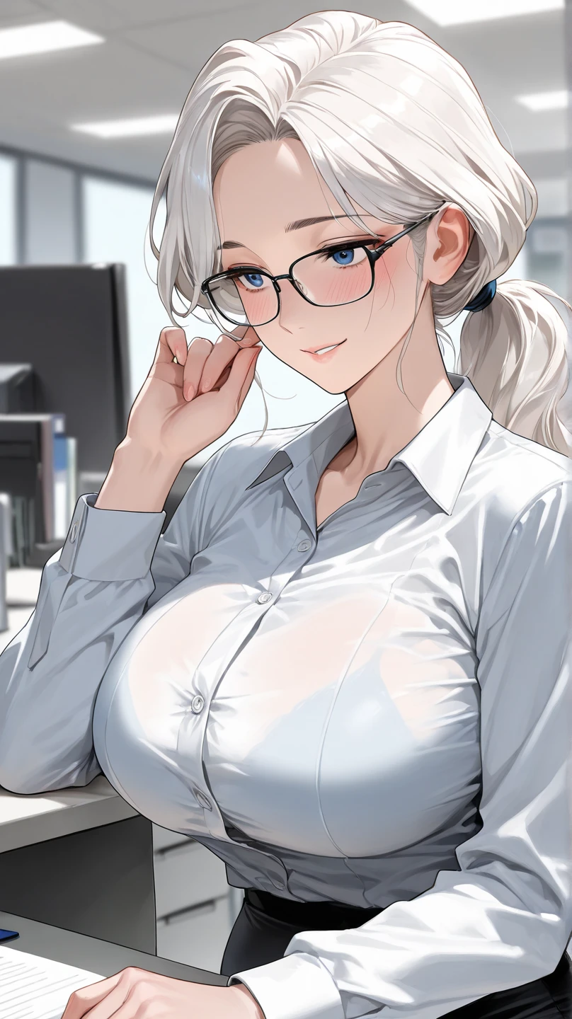 woman in office room, white wall, gray table, plant, window, A masterpiece of sexy poses, ((highest quality)), ((Complex)), ((surreal)), , mature woman, perspective, highly detailed face, slender girl, ((big breasts)), perfect hands, finger details, detailed and beautiful eyes, long ponytail, blue eyes, chief executive officer(CEO, (business attire:1.2), open office shirt, Tight Skirt, black choker, earrings, (stockings), detailed background, Bedroom, perfect eyes, enchanting eyes, looking at the viewer, from below, silver hair