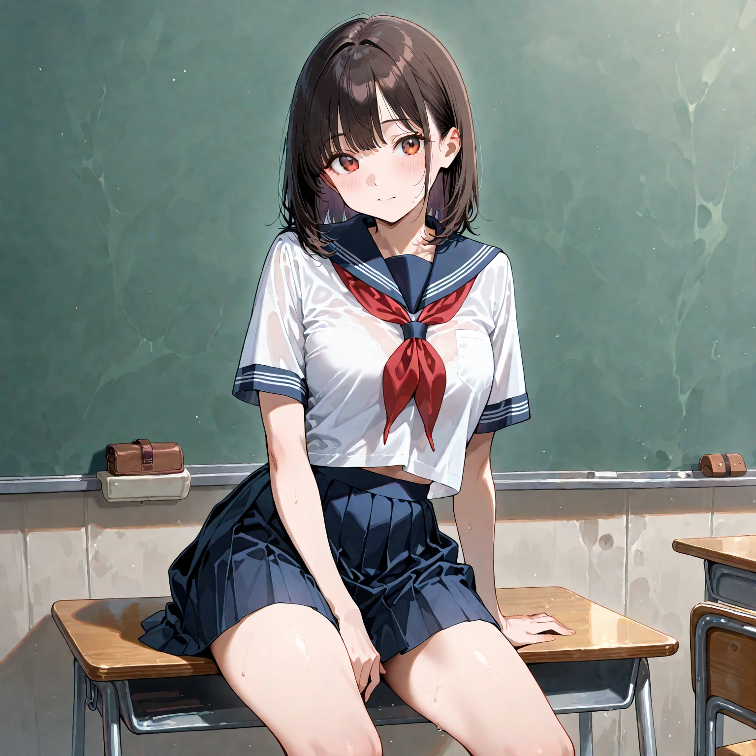 Upscale,8K,(( 1 girl in)), Intricate patterns,Character focus,,a sailor suit,short- sleeved,Classroom,sitat,The classroom full of farts,Very shy