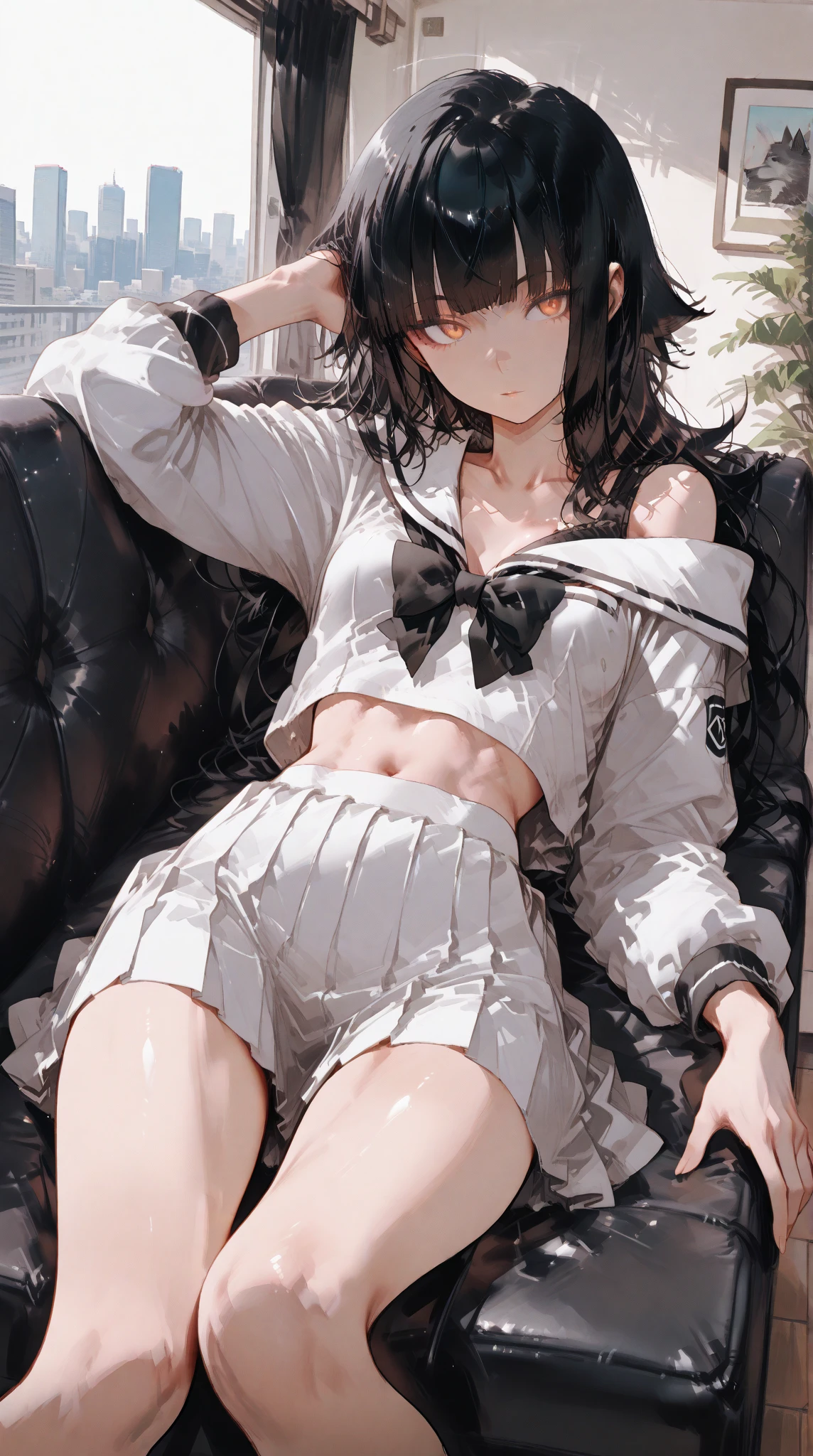 (masterpiece, best quality, excellent quality), ((1girl, solo)), (gradient pink eye, black hair, short hair, school uniform, expensive hair ornament), (thigh_gap, groin, narrow waist, skinny stomach), (marble wall, marble floor, large window, chandelier), (sky, city, (skyscrapers), trees),