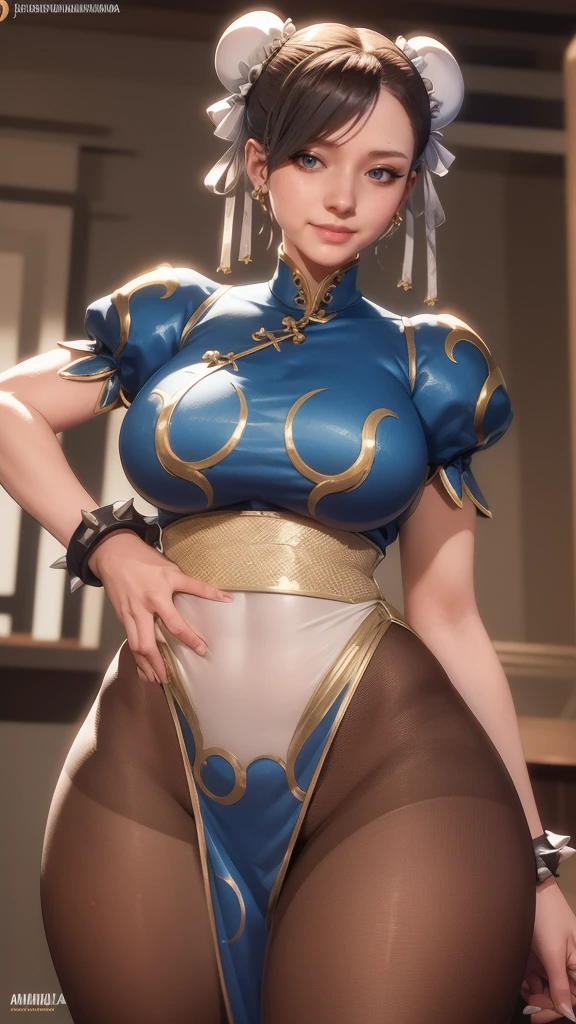 (((ChunLi:1.5、Chun-Li)))、Ultra-high resolution, (Photorealistic:1.4), Japanese, (Beautiful:1.1), (One Woman:1.5), (Age 35:1.3), (Photorealistic photos:1.2), in 8K, Neat bangs, Enlarge the background, (独奏:1.5),、Japanese actress、smile、A smile that seems to burst with joy、whole body、Thick thighs、Is doing a high kick