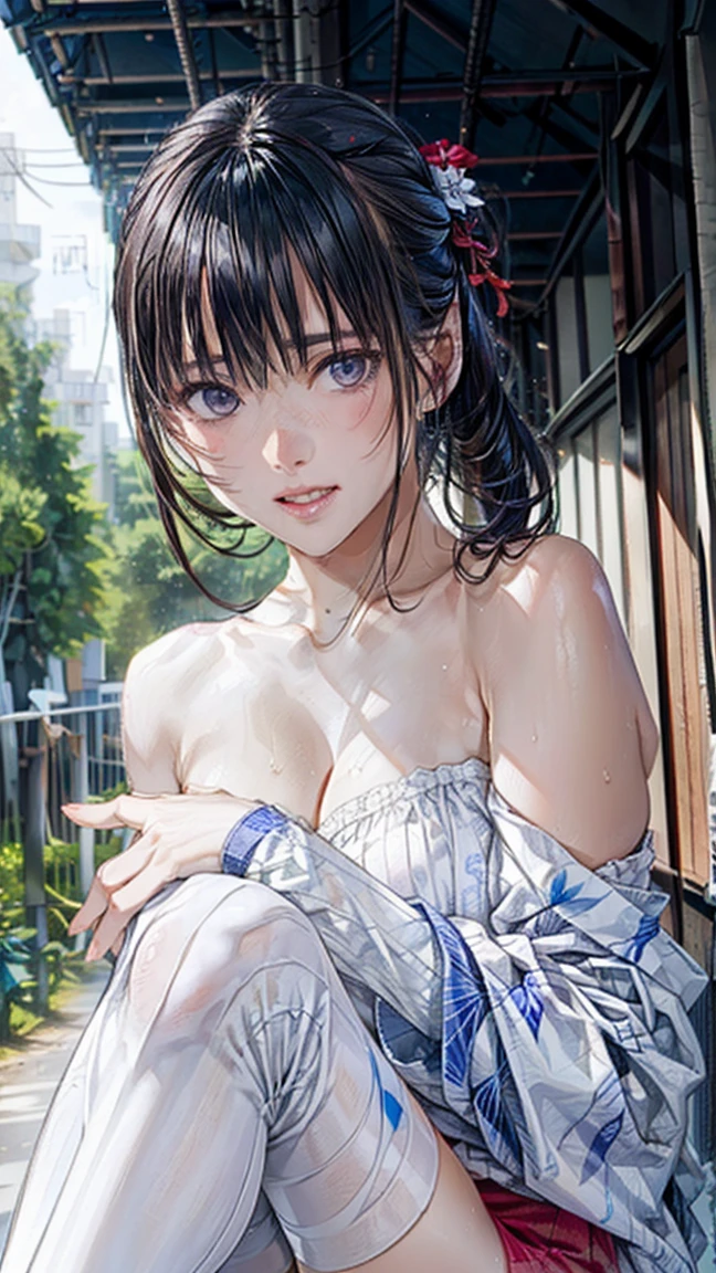 score_9,score_8_superior,score_7_superior,8k, High resolution, 5 years old、beautiful girl, bright black hair, Thin Hair, Small face, cute、Highest quality,Japanese face、small mole on the corner of the eye,((Puffy eyes))、(superior目づかい)、Short Bob、Riverbank、口角superiorがる、Beautiful legs、Flower Hair Ornaments、sexy、Sensual、Blushing、A yukata with a white background and bright red, blue and black floral patterns scattered throughout