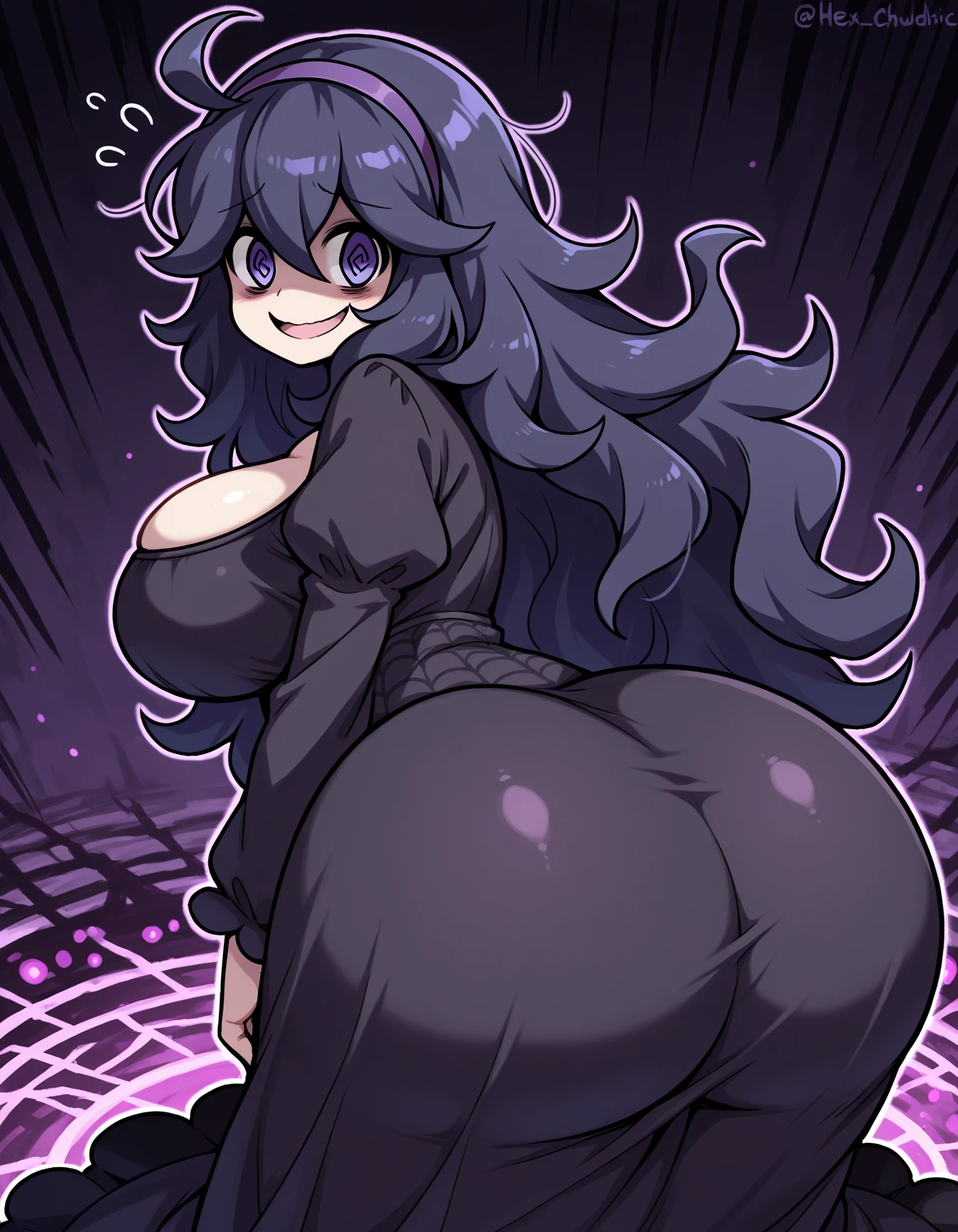masterpiece, best quality, highres, aahex, hex maniac \(pokemon\), long hair, ahoge, purple hairband, purple eyes, @_@, large breasts, long dress, black dress, long sleeves, <lora:hex_maniac_v1:0.7>, outdoor, night, holding poke ball, poke ball,  large breasts, large thighs, huge breasts, huge thighs, huge ass, smile  <lora:HugeASS:1>
