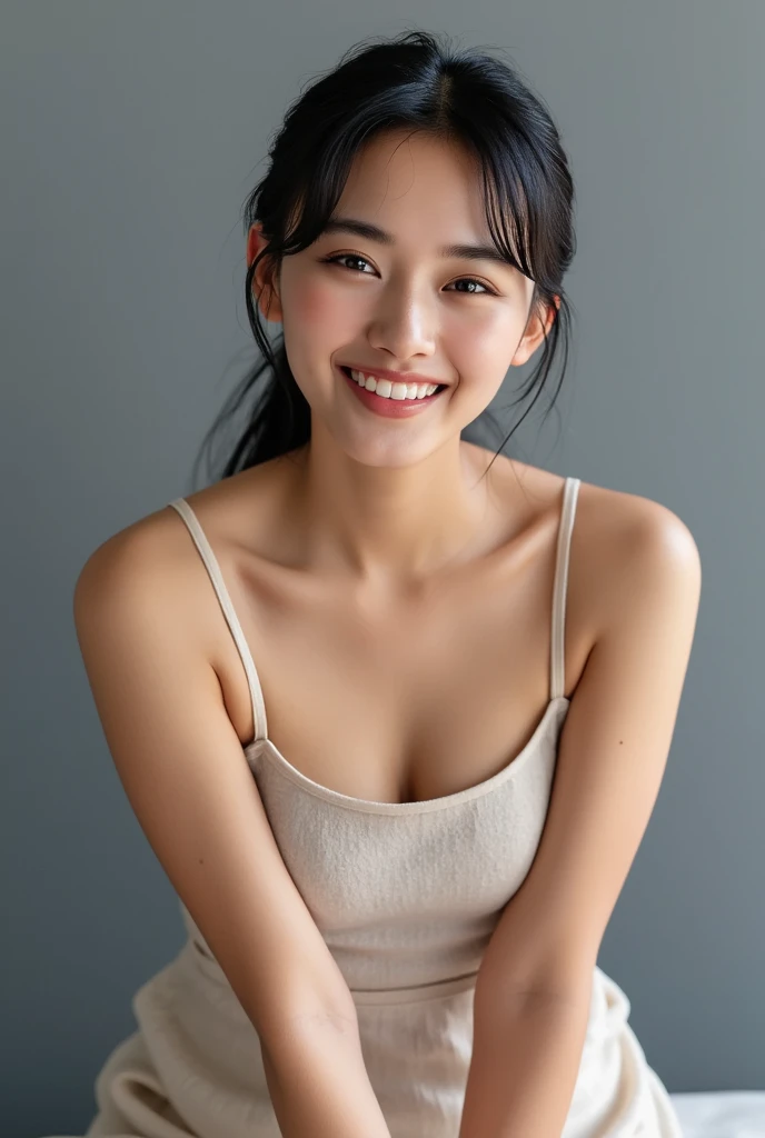 (((One person,alone))),(Highly realistic photos, High resolution, Detailed face, Beautiful Eyes) Japanese women, 30 years old, Modern beauty standards, Glamorous body, Akina Nakamori,Healthy Body,Spread your legs、Thin lips、smile、Shot in a photo studio