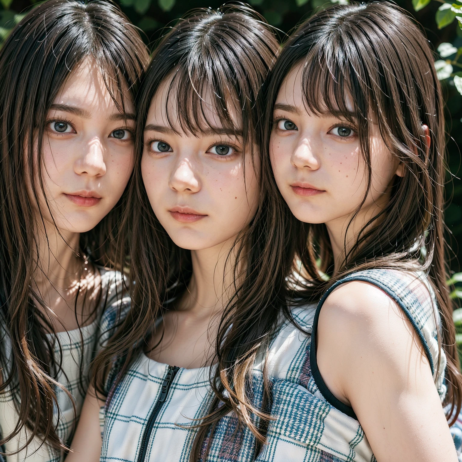 (masterpiece), (Highest quality), photograph, Identical twin sisters, Portraiture, side look Portraiture, winning award photograph, Messy Hair, the wind is strong, Outdoor, sunset, Sexy Dress