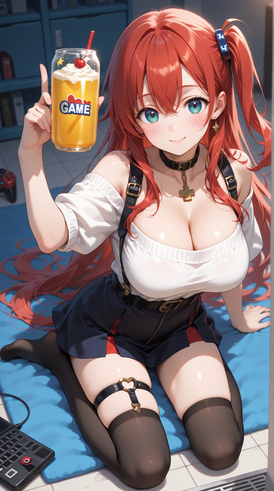 best quality, 8k, woman,straight red hair,beautiful,big eyelashes, little smile, looking to observer, cleavage,rabbit ears tiara,gray militar camouflage mini dress over beige shiny pantyhose, holding one beer mug, florish rose forest scenario, difuse lights