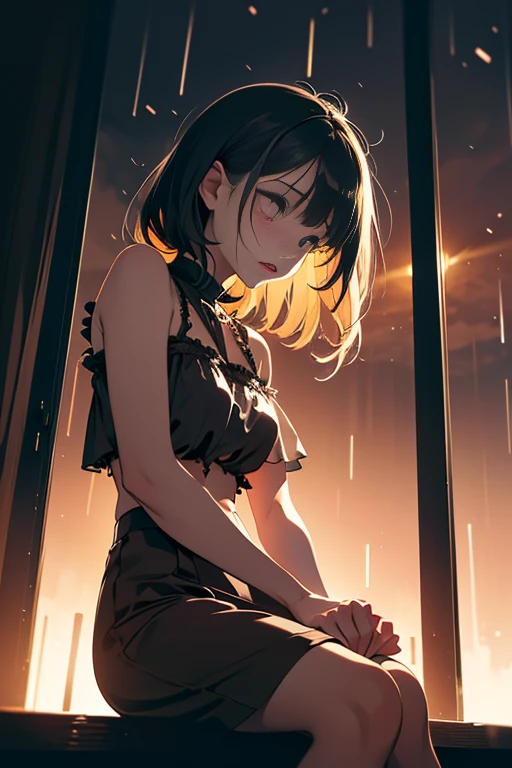 (1girl, full body, sitting, seductive pose, masterpiece, Super exquisite illustrations, best quality, light particles, Super detailed, 8k wallpaper,), ((petite, Small breasts)), (wearing (Faux leather shift dress)), (Winter theme, inside), Eyes: Large, almond-shaped, dark brown, Nose: Small and straight, Lips: Medium, natural pink, Hair: Long, straight, black, Skin Tone: Fair with a neutral undertone, Eyebrows: Thin and gently arched, Cheekbones: Soft and rounded, Chin: Rounded, Ears: Small and close to the head, Expression: Serene and graceful