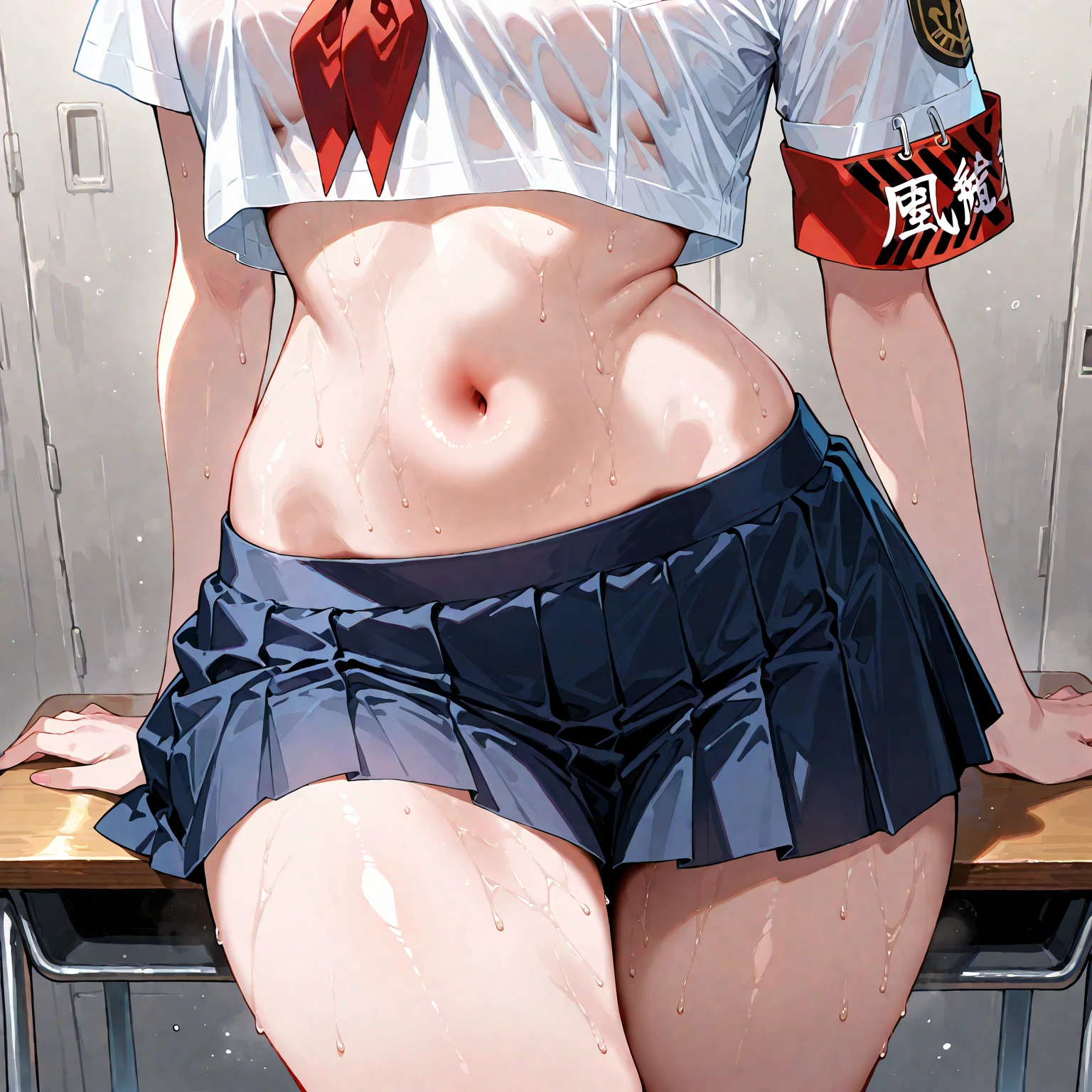 8K,master piece,anime,Perfect Anatomy,Suguha Kirigaya,1female,crossed eyes,(rolling eyes),open mouth,(tongue out),(crying),short sleeved white sailor suit,underboob,micro pleated skirt,(groin),(black thighhigh stocking),(highheel short boots),short hair,(huge perky breasts),(Very small waist and slim body)