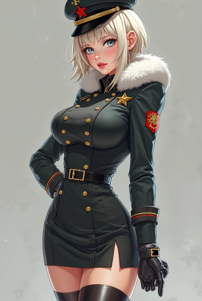 White hair, Short hair, Big breasts, Uniform