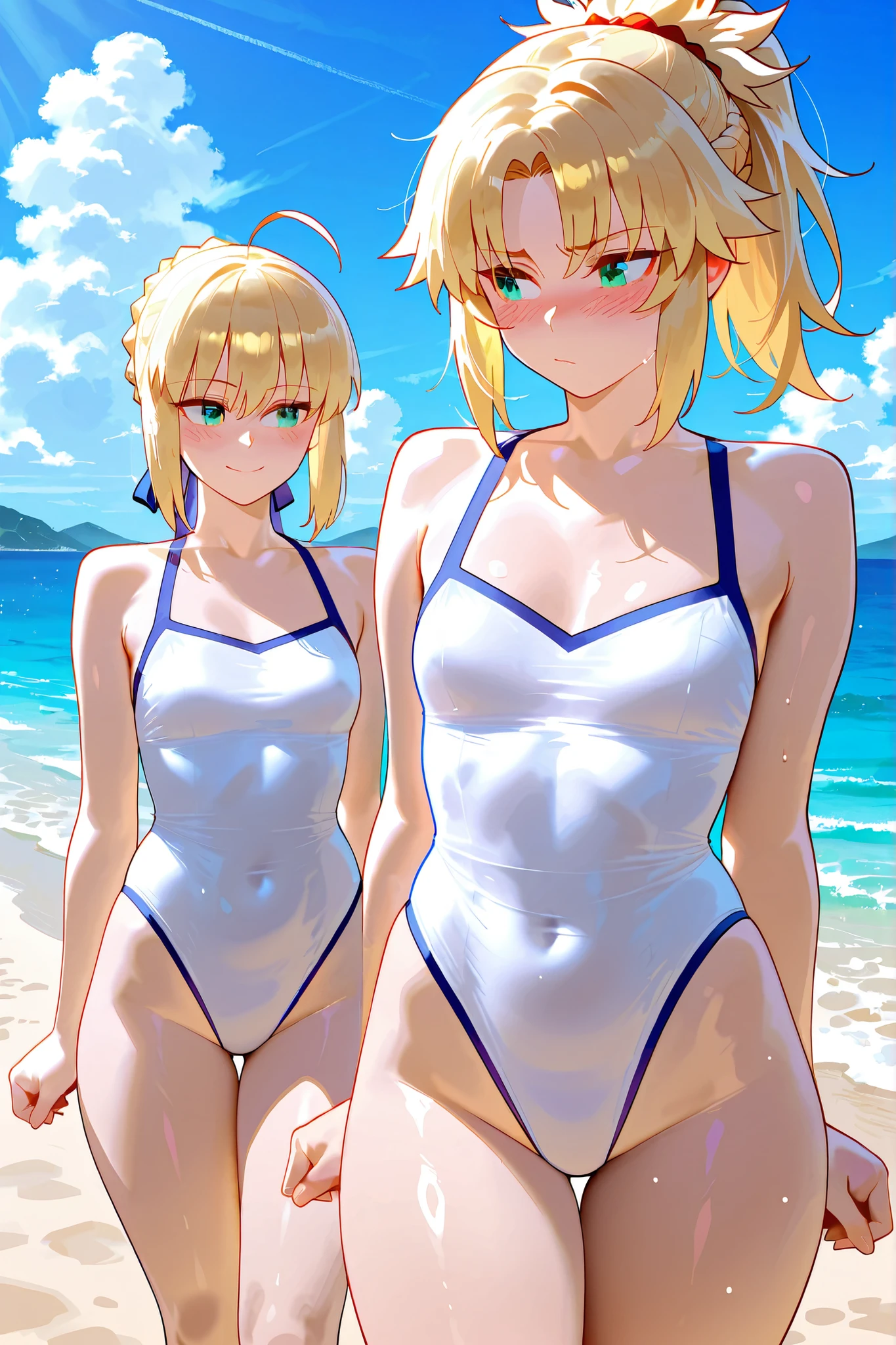 (((masterpiece、Highest image quality、highest quality、highly detailed unity 8kwallpaper)))、((Illustration of one girl))、(((beautiful girl)))、((blonde、two side up、sidelocks:1.6、green eyes))、(((tall:1.4、stocky build:1.9, thickset physique:1.7, muscular legs:1.4, broad shoulders:1.7, solid chest:1.7)))、swimsuit、sandy beach