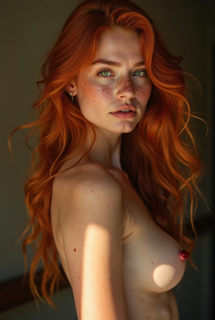Full body photograph of a young and super cute slim Irish redhead with dark theme, short hair, perfect teeth, slim nose, slim neck, realistic freckles, full lips (lustful and seductive look), erotic pose. naked pointy big natural breasts, (hard nipples with realistic details, real skin, real nipples, perfect nipples), (very small waist, slim body, wide hips), blue eyes, very detailed eyes, (eye detail: 0.8), (Naturally sagging breasts, realistic skin, epic realism, RAW photography, realistic skin, epic realism, HDR: 1.5, epic skin detail, porous skin, goosebumps, with German features.) ((Photorealistic): 1.1), dark background, Canon 5D, 8mm film grain, realistic shading, 