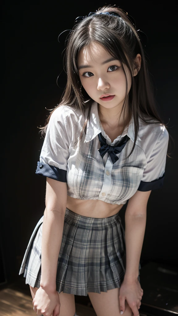 (masutepiece: 1.3), (max resolution: 1.2), (Ultra HDTV: 1.2), cinematric light, 8K resolution, Detailed eyes and skin, detailed facial features, , (Sharp Focus: 1.2）, (Focus on Face:1.2),Perfect Style, Beautiful face, acurate, Anatomically correct, Highly detailed face and skin texture, Detailed eyes, Double eyelids, Thin eyebrows, Glitter Eyeliner: 1 Natural cheeks, Glossy skin, Fair skin: 1.2, (Glossy lips: 1.4),、 (Shy look: 1.2),Highly detailed facial and skin texture, Detailed eyes, Double eyelids, Natural cheeks, , shiny lips: 1.4,Exposed cleavage、（A large amount of sperm in the chest:1.4）（Large amount of sperm in the thighs:1.2）、 red blush、humiliated、impatience、dismay、Frightened、glares、Sexually arousal、embarrassed from、Open knees、open one's legs、rub one's breasts、（Masturbation behavior:1.6）、touches crotch、White underwear、White bra、Shiny little earrings and necklaces、Disheveled clothes、Dressing、Exposed panties、Wearing sweat、Sheer underwear、Full body like、 18year old, Neat and clean woman , upturned breasts,Sitting on a desk,After-school classroom、Blue-gray eyes,（High School Uniform:1.6)、Sunset、
