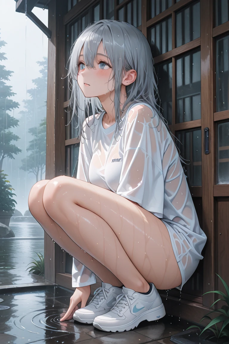 best image quality, masterpiece, super high resolution, (fidelity:1.4), photo, 1 girl, white shirt, torn jeans, white sneakers, dim, darkness, despair, pity, poor, movie, tears, teardrops, (torn clothes:1.5), (wet clothes:1.4), bare shoulders, real rain, wet hair,..