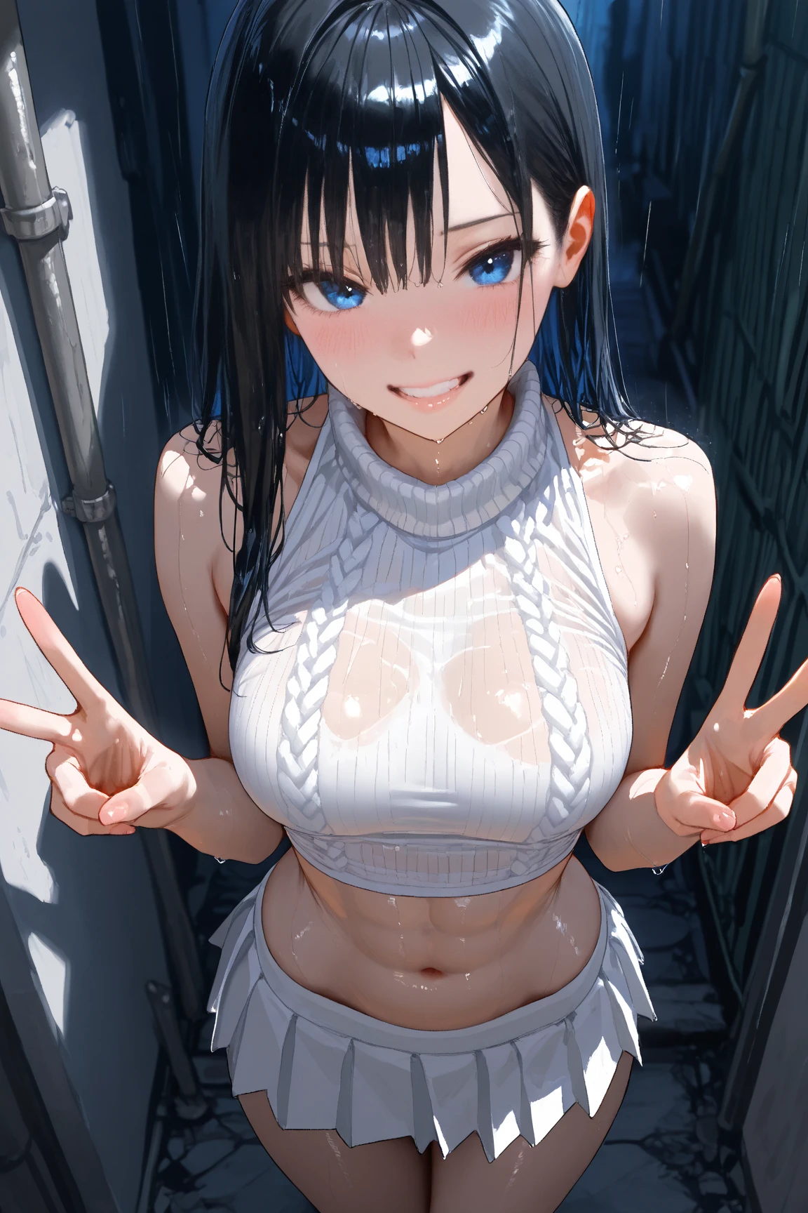 (((Vista cuerpo en plano americano, Anime profesional, Maryms, La mejor calidad, (Beauty with symmetrical face), obra maestra, only 1 girl, physically based representation, ultrahigh resolution, slim build, fleco, ojos 3/4, piernas largas, (medianos y redondos senos), ojos hinchados, (minifalda muy corta y rota, blusa holgada desgarrada), noche, (ciudad lluviosa), piel brillante, Visor de cara, Postura de lucha, (Fist Clenching), Firm expression)))