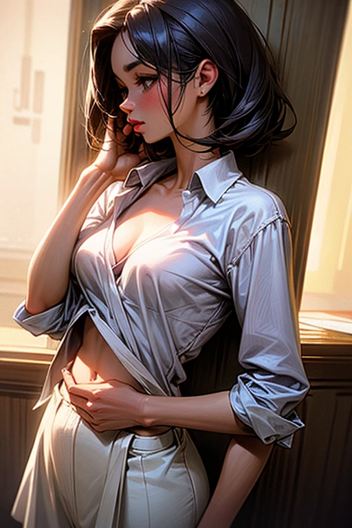 (1girl) ,((good night view from the window),((night view:2)),(((dark room))), dimly lighting, at midnight, in the gorgeous hotel room on the 50th floor), (Full body), (standing, hand on hip, near the window, enchanting a sexy posture ) ,(fair skin) , (crimson red, shiny fabrics:1.3, sexy panties, (side-string panties:1.5, sexy ), (detailed realistic sexy panties)),(secretary, (wearing ,((white shirt, collared shirt)), bare breast ),Sexy Girl, Sexy style, Sexy look, Sexy body, Seductive Woman, (wearing, pendant , blue jewelry , elegant , earrings ), unparalleled masterpiece ever, ((Perfect appearance)), (cute small breasts, thin waist), Detailed realistic breasts, (Colossal tits), cleavage, (Beautiful skins), (slick skin), Detailed realistic hair, Detailed realistic hands, Detailed realistic arms, Perfect human body ratio, well-shaped navel, Super beautiful face:1.2, (apply make up, false eyelashes) ,((Beautiful eyes, blue eyes )), (detailed eyes), ((big eyes)), detailed eyes, (((sleek pixie cuts)), beautiful black hair, short ) , (facial expression, embarrassed , seductive smile, (long for having sex with the her lover)), depth of fields, retinas, masterpiece, ((accurate)), Anatomically correct, best lighting,Textured skin, Super Detail, high details, High quality, award-winning, Best Quality, hight resolution, 1080p, hard disk, 4K, 8K, Sultry body with sexy belly, Gorgeous young Korean woman, Beautiful Asian Girl, beautiful Korean women, Sexy body, Korean Girl, gorgeous Chinese model, Beautiful young Korean woman, Sexy Girl, model with attractive body, smooth body, Beautiful Asian Woman, Sexy body and face, (Attractive body),