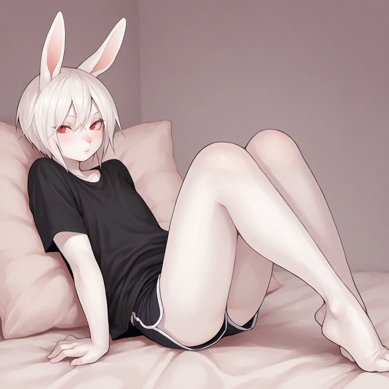 (highres, best quality, masterpiece), depth of field, Adult female, (solo), young 20s, mature, (detailed, highly detailed), soft lighting, (color_contrast), short white hair, brown eyes, rabbit ears, rabbit tail, full body, medium breasts, (detailed hands), looking fierce, looking determined, detailed eyes, cute, toned body, (mature body), ((exposed nipples)), hands in hair, shy, long legs, smooth skin, naked, nsfw, ((exposed vagina)), touching breasts, showing ass, ass to camera, spreading cheeks, detailed view, bedroom, cum stain, cum on face, cum dripping on face, on back