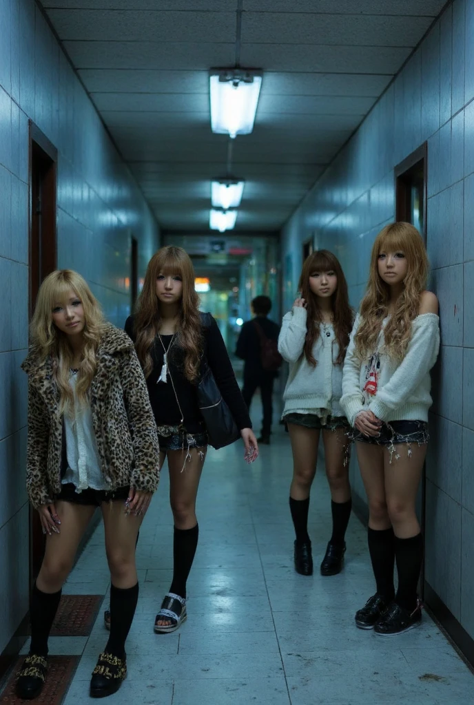 gyaru, dark-skinned, shiny oiled skin, blond hair, wearing　pink trackjackets, wearing pink thongs, in night, standing under the bridge