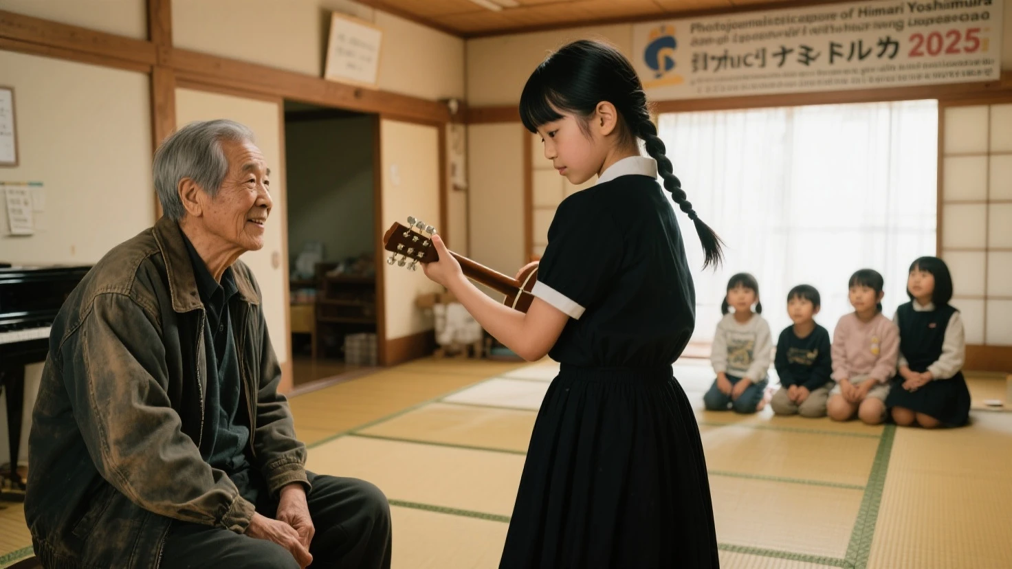 Kioto, 1931. A little ((((11-year-old)) Hatsumiyo)), round face, chubby cheeks, skinny figure, kind, gentle, playing the shamisen, ((((japanese girl clothings from the 1930s)))), ((hairstyle of the 1930s)), color