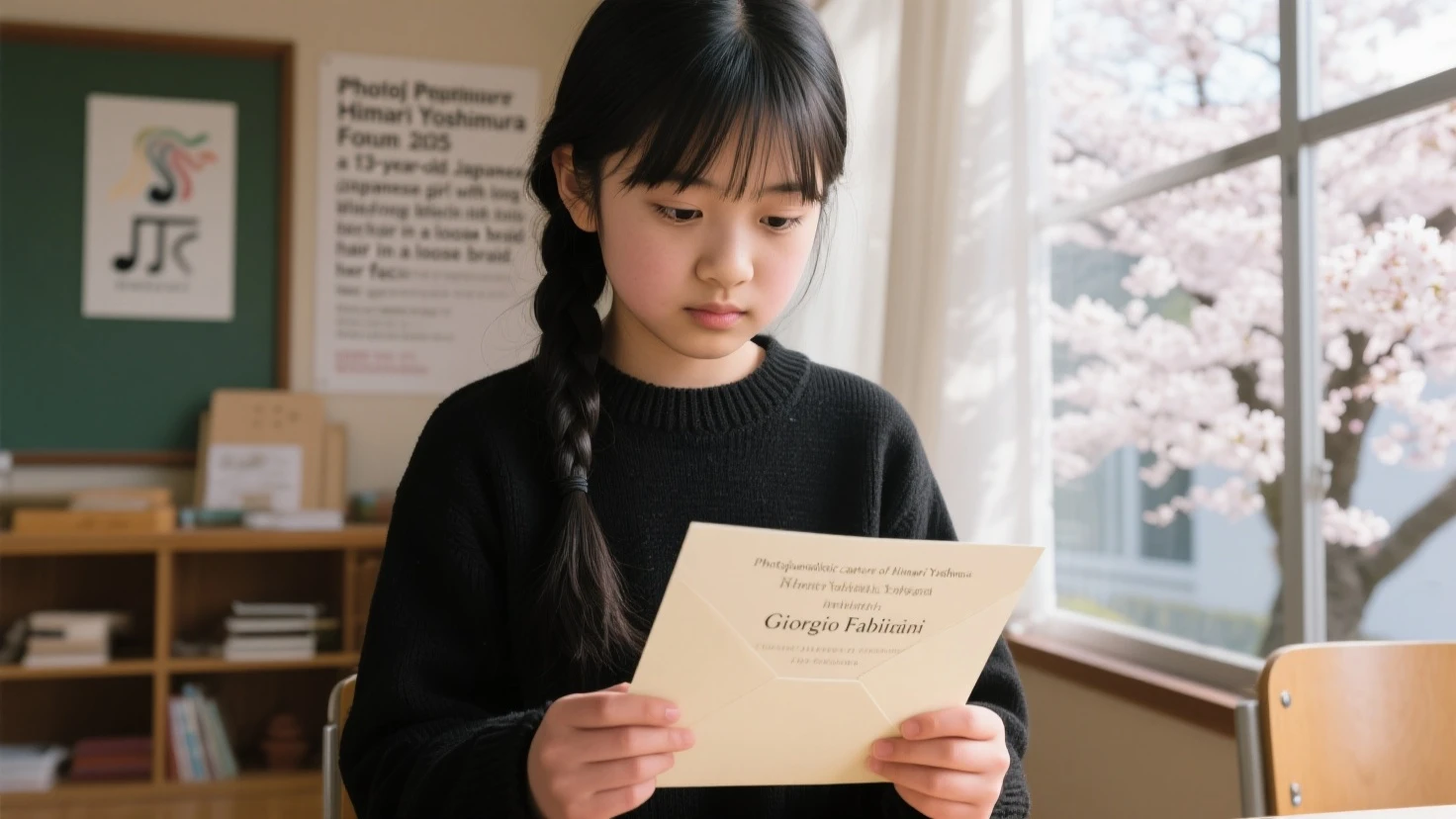 The child does homework at the desk，Books are piled on the table.  piano in the background, Violins and other musical instruments