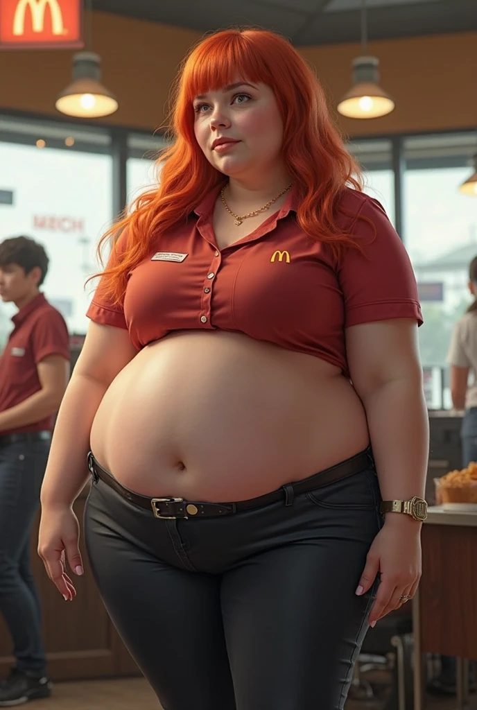 A sideview happy photo of a young beautiful redhead bbw with long wavy ginger hair soft fat belly, wide fat obese hips, thick fat legs and fat arms, cute pretty face, blue eyes, freckles, in a cute orange top and trousers, eating a giant burger in a burger restaurant