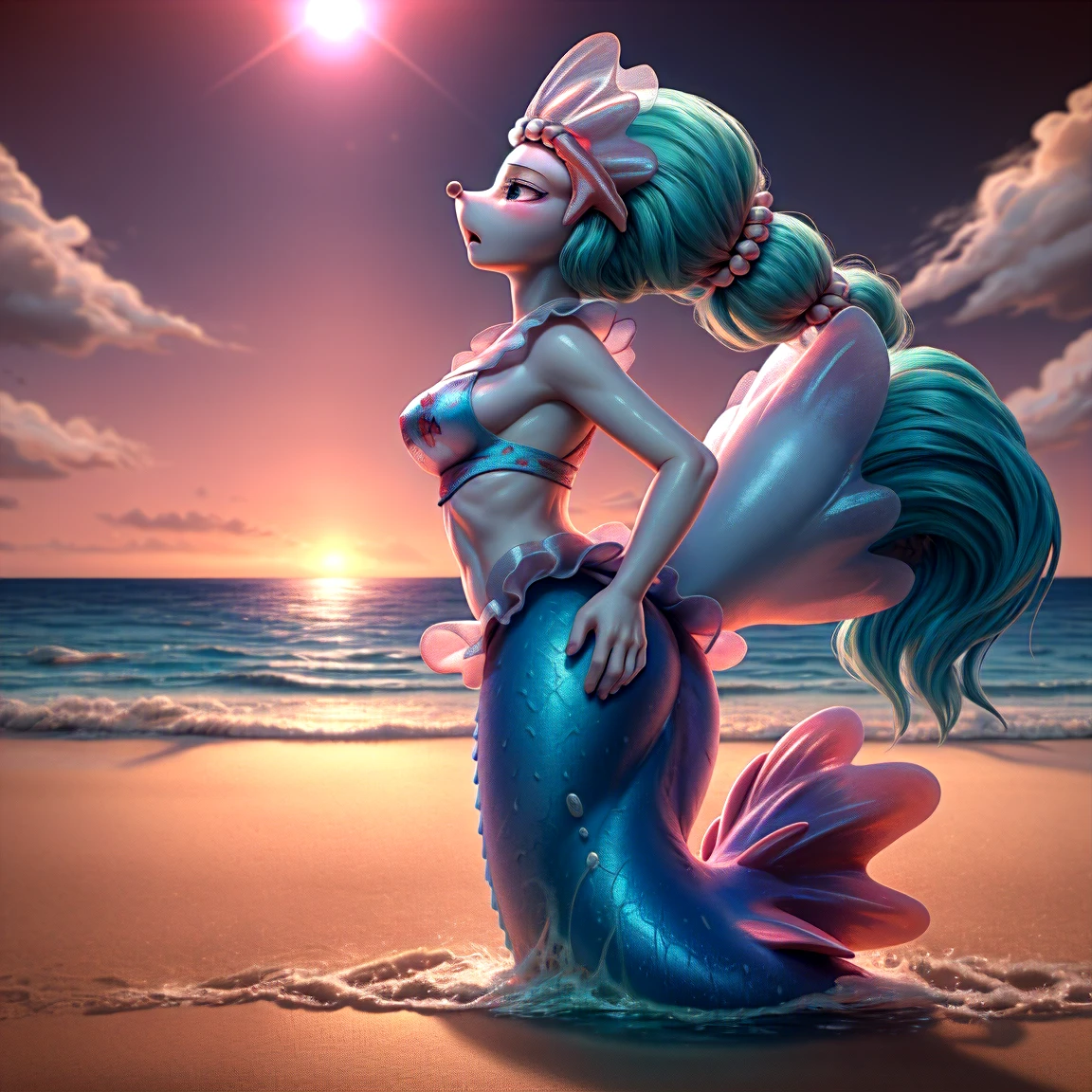 full body view of a furry mermaid, furry animal, female, long hair, red and white color, having steel shoulder pads