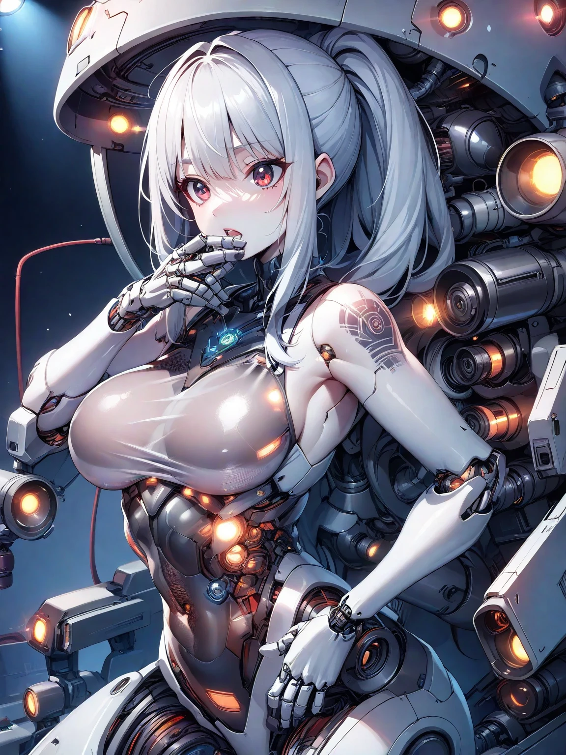 (((masterpiece))), ((best quality)), ((ultra-detailed)), (CG illustration), (an extremely devious and beautiful)), (cute desktop face), cinematic light, ((1 mechanical girl)), single, full, (machine-made joints). : 1.4), ((mechanical limb)), (blood vessel attached to tube), ((mechanical spine attached to back)), ((mechanical cervical vertebrae attached to neck), ((war machine)), expressionless, (wires and cables attached to head and body: 1.5), (character focus), science fiction