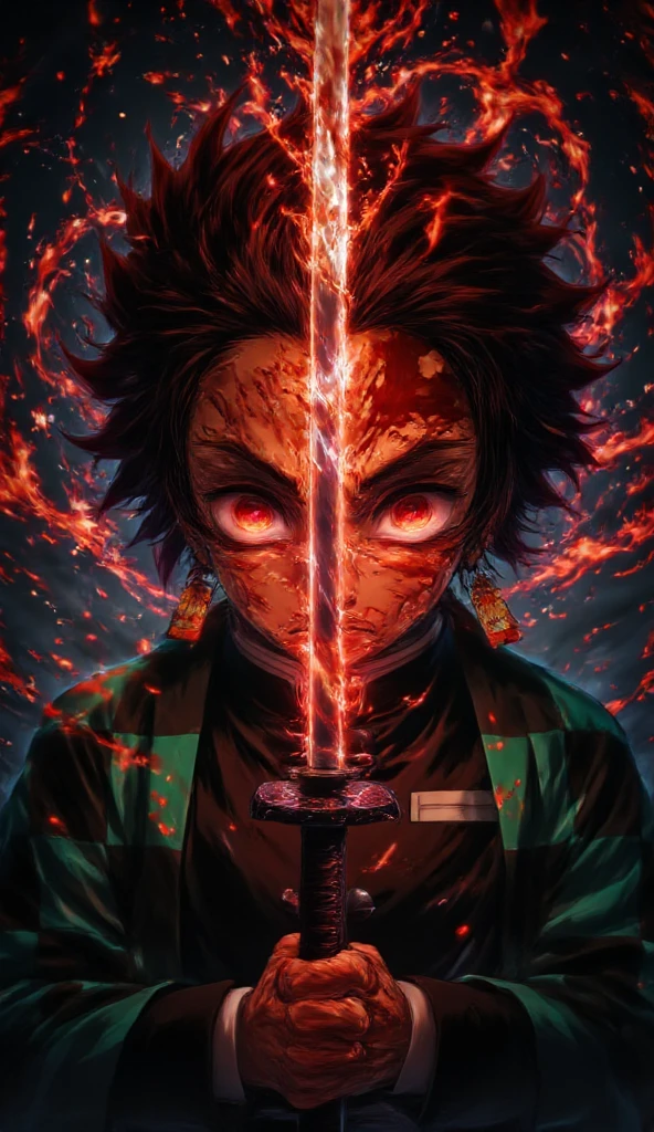 Ultra detailed, high resolution, absurd, HDR, masterpiece, anime girl and boy, beautiful woman (with long white hair with deep red streaks, woman (with yellow eyes), the woman (is wearing a red haori), in black demon slayer corps uniform, Kimetsu No Yaiba, fantasy, handsome, Tomioka Giyu, Hashira, Tomioka is serious, couple, night, forest, best quality, extremely detailed face, anime, the girl is really hurt, the girl is covered in blood , Tomioka is a strong man, Tomioka is trying to protect the pretty girl, 