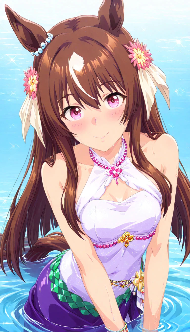 1_girl, masterpeice, energetic, (anime:1.3), (soft:2) (young:1.3), (extremely_delicate:1.6), (thin, slender:1.3), (beautiful:1.3), (beach_background, dripping_wet:1.5), (dark_brown_h\air:1.5), (soft_bright_pink_eyes, wearing_frilly_pink_bikini, wearing_seductive_thin_white_gloves:1.5), (cheerful_maid), soft_chin, (cute_soft_smile:1.5), age_fits_body, (small_thighs), (love_magic:1.3), (eye_level:1.3), (slim_body:1.8), (warm:1.5), (breasts)
