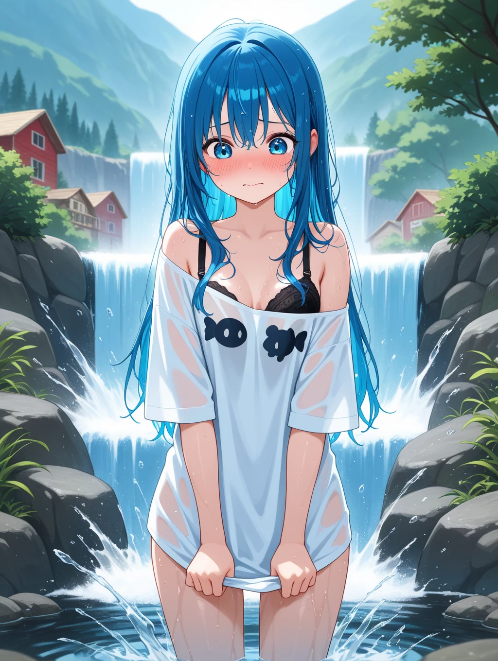 Blue fairy, cute, red eyes, dark blue hair, white shirt, wet, high quality, water drops are clear, face enlargement, sun reflection, sparkle, slightly large breasts, 14 year old girl, shirt clings to her body, trying to hide her body with the shirt