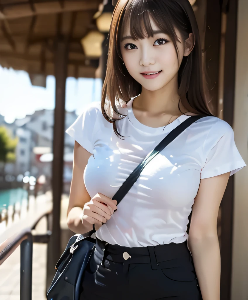 RAW Photos, highest quality, Realistic, Cute Japanese Girl, 女の子1 person, (とてもslim and slender fit muscular body:1.3), ((View Viewer)),(Big smile:1.3), (No people in the background:1.3), Beautiful earrings, Front shot, (Big eyes), (whole bodyショット), Small breasts, ((Backtrack, Buckshot)), Upper Shot,(masterpiece)、Healthy thighs、(Narrow waist)、Big Ass、(Beautiful legs)、((Perfectly detailed five-fingered hands)),(Anatomically correct body)、((1 female:1.4))、Japanese、Asian、Realistic Skin、(Small chest:1.4)、バストサイズはC Cup、Pretty woman with perfect figure:1.4,(from the front:1.5), (肌の質感のbeautyを高める:1.1), (Beautiful fine details), (Detailed face),Beautiful realistic face,No makeup、美しいBlack Hair、The best smile、Natural color lip、(Small Mouth:1.2)、(Oval Face)、Even bangs、Hide eyebrows with bangs、((29-year-old woman))、Bob Hair、Hair blowing in the wind, (Black Hair, Iris, Watery eyes, Shining Eyes, Bob cut hair, Small earrings,), Hair behind the ear、No makeup、(Drooping eyes)、Drooping eye corners、女の子1 person, Cute Smile.whole body、(((1 personの素敵な女性)),((優しいBig smile)),(( Small breasts,Small breastsの谷間)),((((Plump Cheeks)))),((whole body:1.5))、(Narrow waist、Slender Body)、Sexy and cute look and cute 29-year-old, Hair blowing in the wind,ハリのあるC Cup胸、Even bangs:1.4、whole bodyショット、,(((Beautiful woman boasting toned hips and muscular buttocks))),((( Shapely big ass))),(A toned waist is best:1.4),Sleeveless、Open chest、C Cup、Check skirt、すらっと伸びたthin脚、Long legs、Platform Sandals、short hair、clear、thin、slim、thinウエスト、beauty、Looking into the camera、Walking around the city、Cute Smile、Summer sunshine、Accentuate your breasts,(((Attractive woman wearing a white collared shirt and tight skirt in the city,1 person、A young and cute gravure idol,A young and slender gravure idol, Young Sensual Gravure Idol,:1.3))),,Dress shirt,