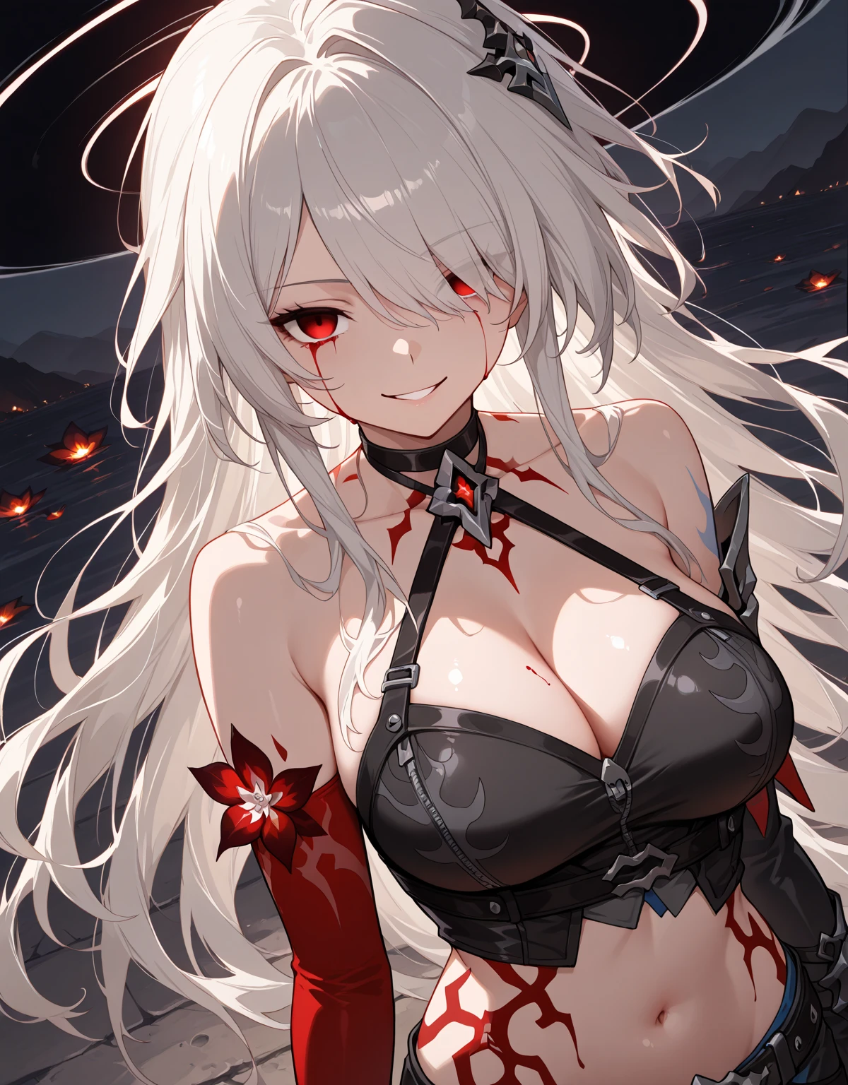 An adult woman half fox and wolf, wide breasts, red eyes, white hair, very angry, in a black little open dress, holding a sword