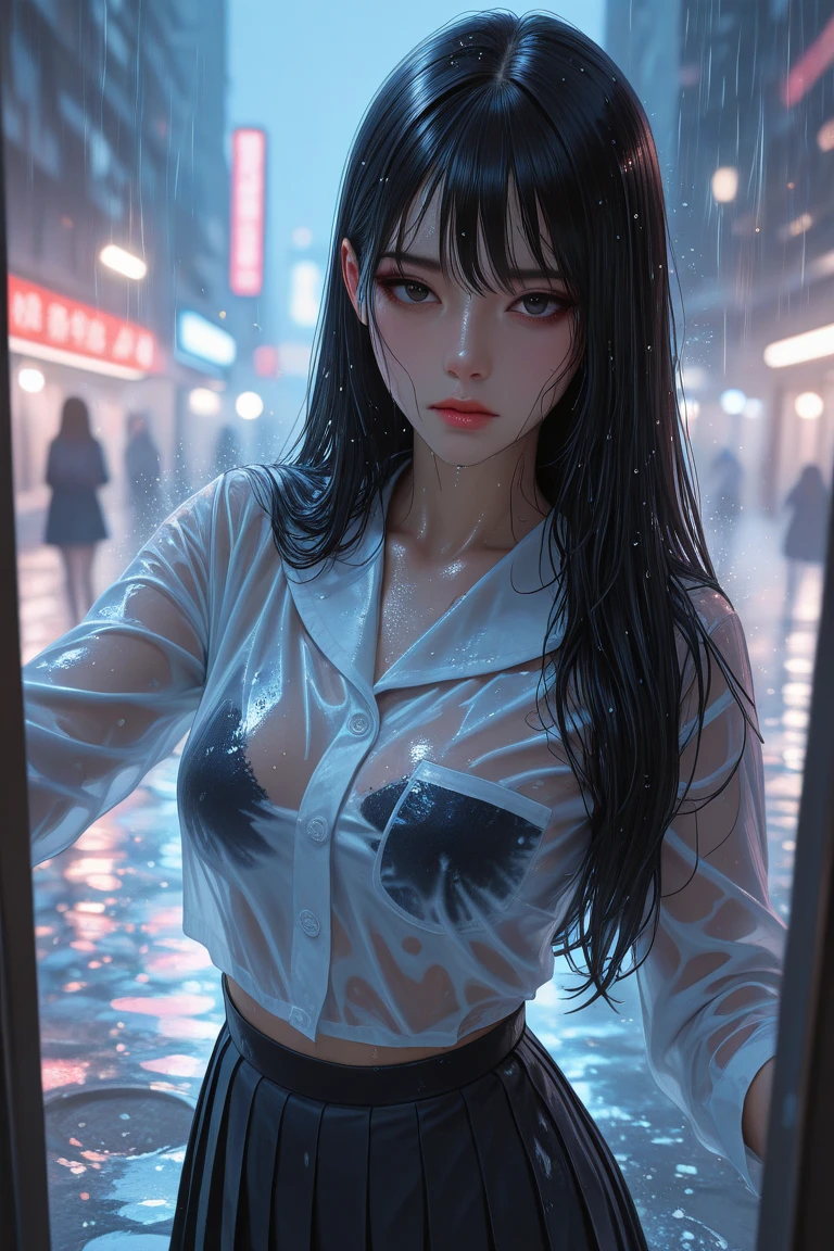 ((A girl running through the streets of New York))、(RAW shooting, Photorealistic:1.5, 8K, Highest quality, masterpiece, Ultra-high resolution), Perfect dynamic composition:1.2, Night Street Corner, Looking up at the sky:1.3, (((Heavy rain from a typhoon))), Highly detailed skin and face textures:1.2,( 雨にwetスリムな女性:1.3), Sexy Na Beauty, Perfect Style:1.2, Aesthetic and beautiful, Fair skin, Very beautiful face, (Rain dripping all over my body:1. 2, wet髪:1.4, wet:1.2), Water droplets on the skin, (Medium sized breasts, Chest gap), (Shy laugh, The expression when feeling intense caressing, Facial expression when feeling pleasure), (Beautiful blue eyes, Beautiful erotic eyes:0.8), (Too erotic:0.9, Alluring:0.9),((wet白いブラウス))、((No sleeve)),((wetタイトスカート)) Second bag, Perfect body, Perfect fingertips（Girl sitting on train seat)、Best quality work，Actual work，Ultra Premium Graphics，8K HD CG works，High quality graphics，High-definition CG works，10x pixels，Extremely fine detail：1.1，Advanced Technical Details：1.1 Photorealistic，Indoor lighting effects：1.5，Natural light：1.5. Light effects（virtual Light effects：1.8）,（Golden white short hai(RAW shooting, Photorealistic:1.5, 8K, Lift-up skirt,Na Beauty, Perfect Style:1.2, Aesthetic and beautiful, Fair skin, Very beautiful face, (Rain dripping all over my body:1. 2, wet髪:1.4, wet:1.2), Water droplets on the skin, (Medium sized breasts, Chest gap), (Shy laugh, The expression when feeling intense caressing, Facial expression when feeling pleasure), (Beautiful blue eyes, Beautiful erotic eyes:0.8), (Too erotic:0.9, Alluring:0.9),((wet白いブラウス))、((No sleeve)),((wetタイトスカート)) Second bag, Perfect body, Perfect fingertips（Girl sitting on train seat)、Best quality work，Actual work，Ultra Premium Graphics，8K HD CG works，High quality graphics，High-definition CG works，10x pixels，Extremely fine detail：1.1，Advanced Technical Details：1.1 Photorealistic，Indoor lighting effects：1.5，Natural light：1.5. Light effects（virtual Light effects：1.8）,（Golden white short hai(RAW shooting, Photorealistic:1.5, 8K, Highest Lift-up skirt,((White panties are visible))、
