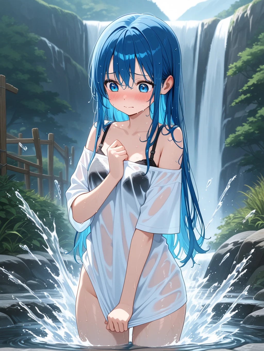 nsfw, naked girl, blue hair, blue eyes, 8k, nipples, public nudity