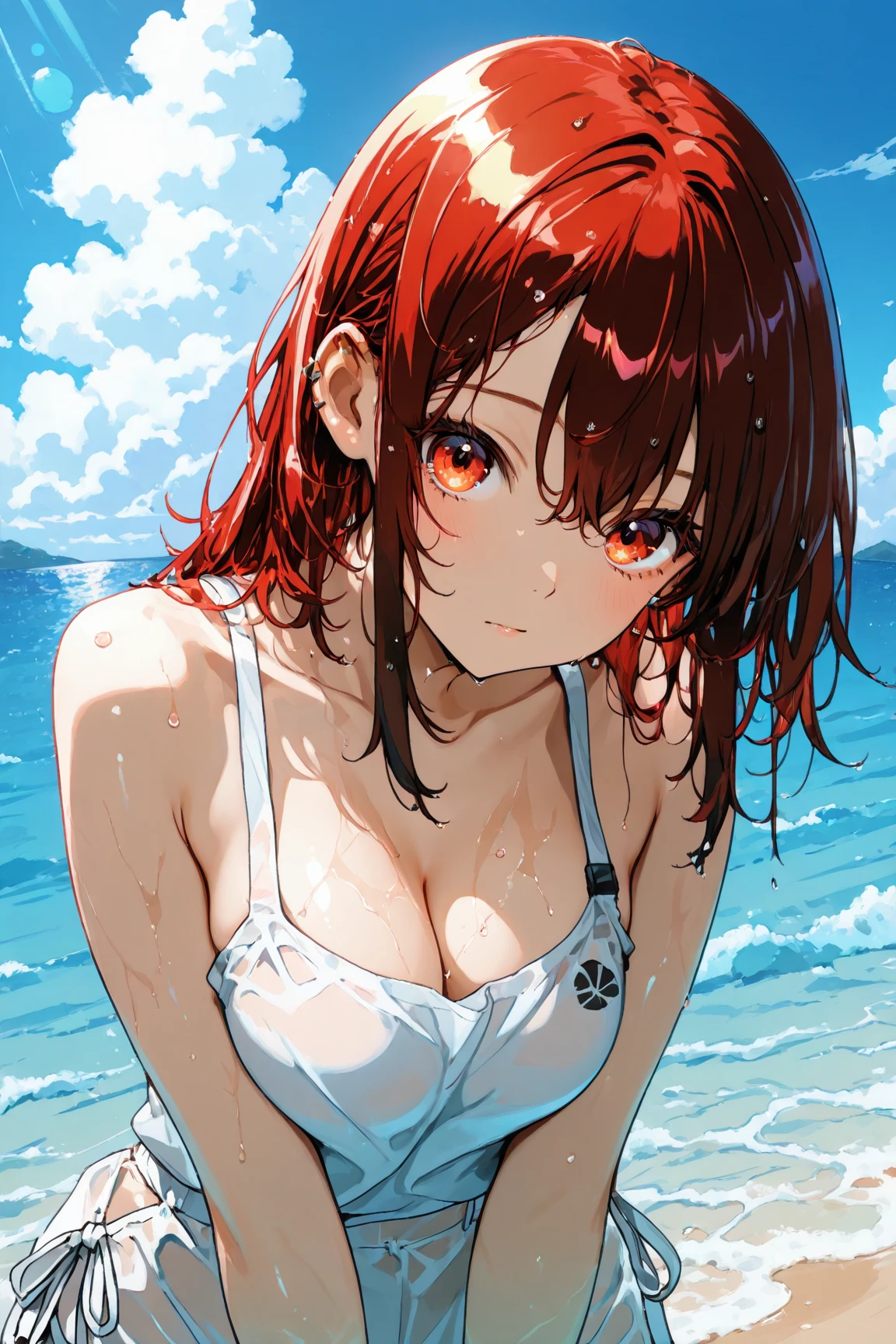 masterpiece, wet and soaked bikini, beach, afternoon, cleavage, Crimson hair and eyes, glossy and wet skin, 1 girl