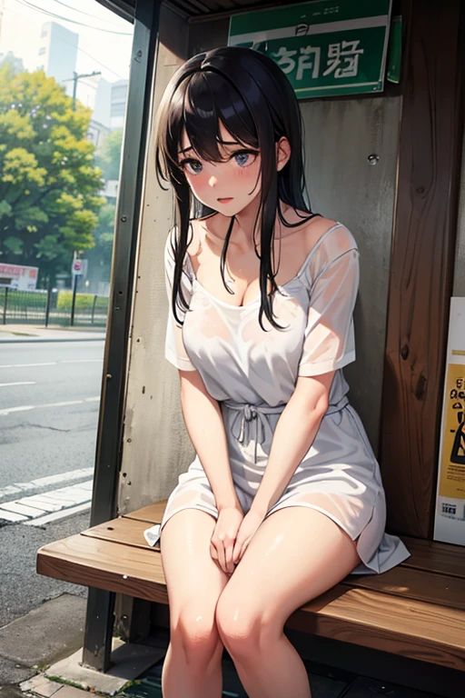 1 Beautiful young Asian girl 15 year, sitting in the square, sem camisa, cabelos sobre o seios, calcinha rosa, Looking at camera, pose Asians --auto --s2