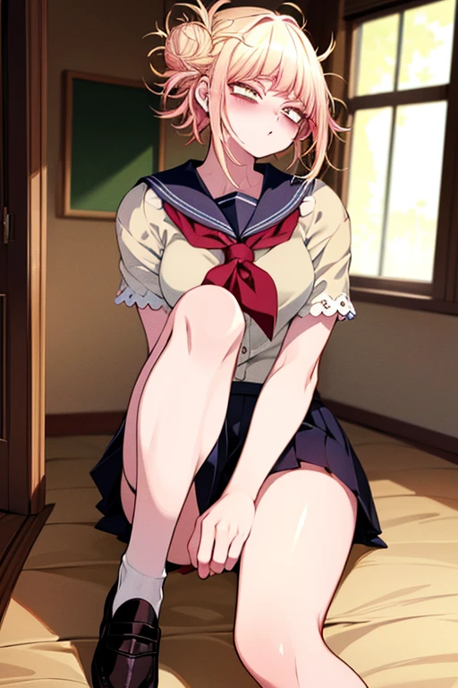 ((((small flat, ultra detailed, best quality, 8k)))), nsfw, woman, ((she urges to urinate, school uniform, blushing))
