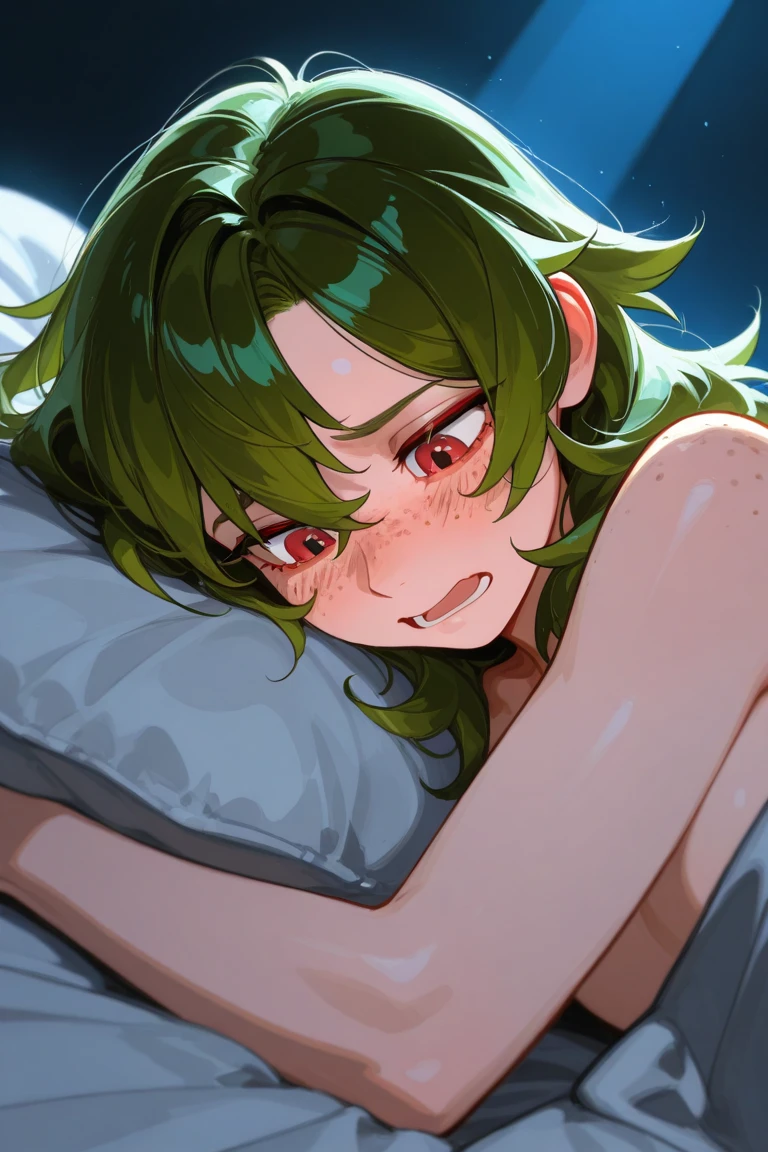 (masterpiece), best quality, expressive eyes, perfect face Female, butt shorts, Black curly short length hair, long side bangs, short hair, narrow gaze, nonchalant, slender, expressionless, adult women, scary neutral expression, medium bust breasts, faint green eyes, Laying down, naked