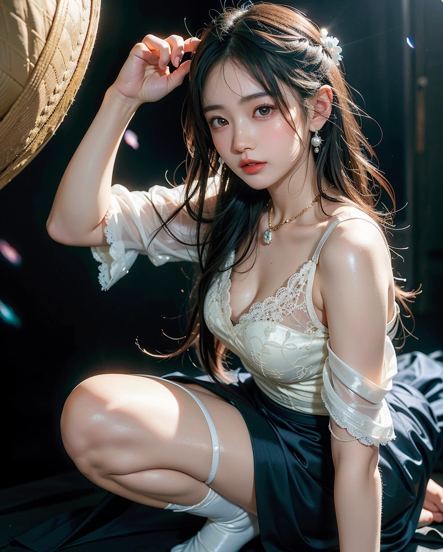 good quality, masterpiece, 8K, Ultra HD, (realistic: 1.4), original photo, half dressed, sheer clothes, half shoulders, dark shadow, understated, cold light, long hair, white bra. Long black stockings, beauty, high heels, squat
