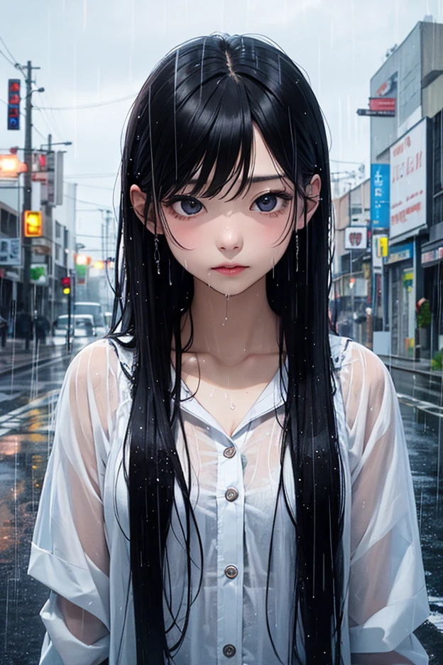 (maximum resolution, distinct_image) Best quality, (((1 woman))), masterpiece, very detailed, night cityscape, semi-realistic, wet black hair, wet straight hair, expressionless, bangs, strong rain, 21 years old, mature, young, wet white shirt, outdoors, delicate facial features, facial features, mid-shot,