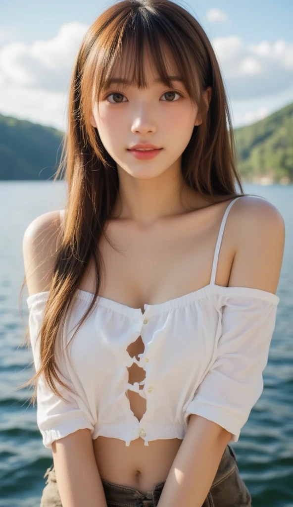 Brune, brune asiatique, belle femme, 20 ans, les main dans les cheveux, regarde vers le ciel les yeux fermer 