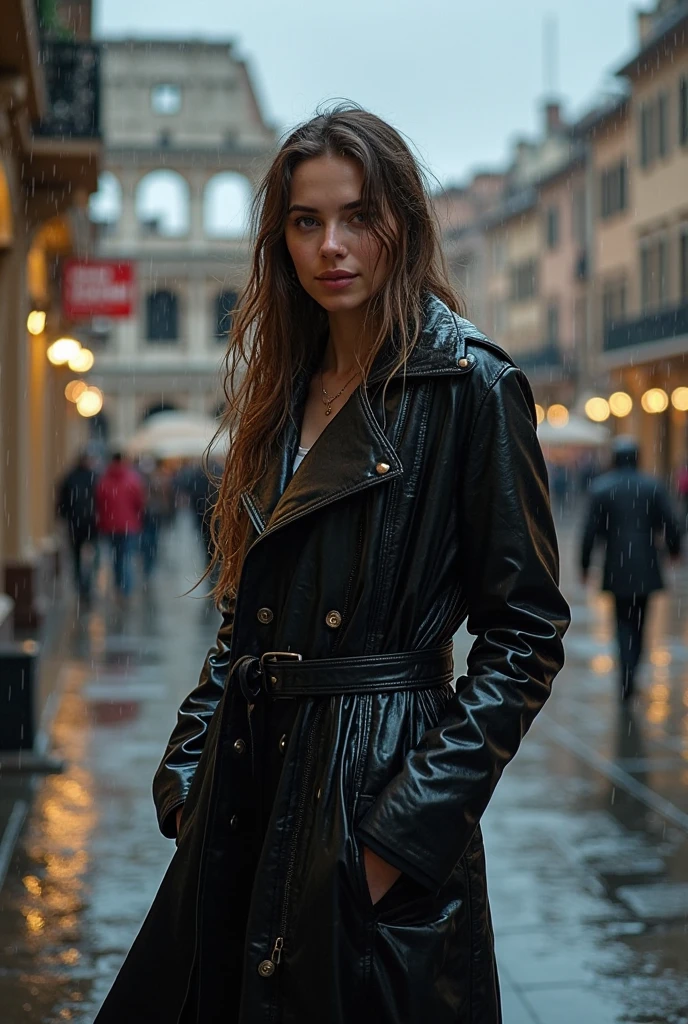 Blonde beautiful young woman, 20 years old, with dark blue eyes, Outside in the city, Rome, many people in the srteet, warm coat, autumn style, portrait sophie mudd, blur backgroun, Best quality, Portrait of Corinna Kopf, natural makeup, , wet hair, walking around, chanel little bag, black short dress, black leather coat, black bag, raining hard, all wet, view from behind