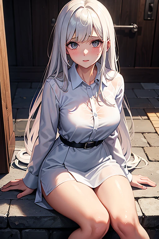 (Best Quality, 8K, Masterpiece), (A Beautiful Girl with White Hair, Super Pink Long Hair, Big Eyes: 1.3, Long Eyelashes, Delicate Makeup: 1.4, Sexy Lips, Blush), (Exquisite Watch, Silver Reflective Heart-shaped Necklace, Bulgari Earrings, Bulgari Ring), Reduced Suit Size, (Sitting on a Park Bench with Behind the Built-up Leaves and Plants), (Wearing a white shirt with 2 buttons open, mid-breast, cleavage), black oily transparent pantyhose, hip skirt, (Sit and bend over, take off your shoes with your hands, expose your feet), Best Light, Best Shadows, Cinema Lighting, 26 Years Old, 1Girl, Acura, (Real Skin, Supple Skin) Ray Tracing, Unreal Engine 5, Reflective Skin, Digital Illustration, Game CG Characters, Supermodel