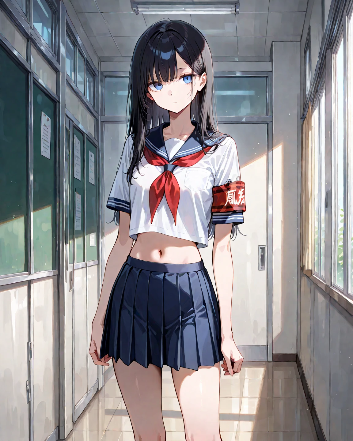 Anime Waifu beautiful detailed eyes, beautiful detailed lips, extremely detailed eyes and face, longeyelashes, 1girl, sensual, young woman, medium breasts, beautiful feminine face, nice thighs, slim, sexy, erotic, beautiful clothes, perfect body, cinematic lighting and framing, (best quality,4k,8k,highres,masterpiece:1.2),ultra-detailed,digital painting,portrait,glamorous,highly detailed,soft lighting,warm color tones Perfect human body,1 girl, (very highly detailed background,Classroom), clavicle,Sleeveless sailor suit,navel,Low-rise miniskirt,((woman with fever)), ((perspired,college aged))), Colossal ,Indecent expressionlush blush:1.2),Pubic hair shows through,Next to him stood a man,Man taking photo of girl,,